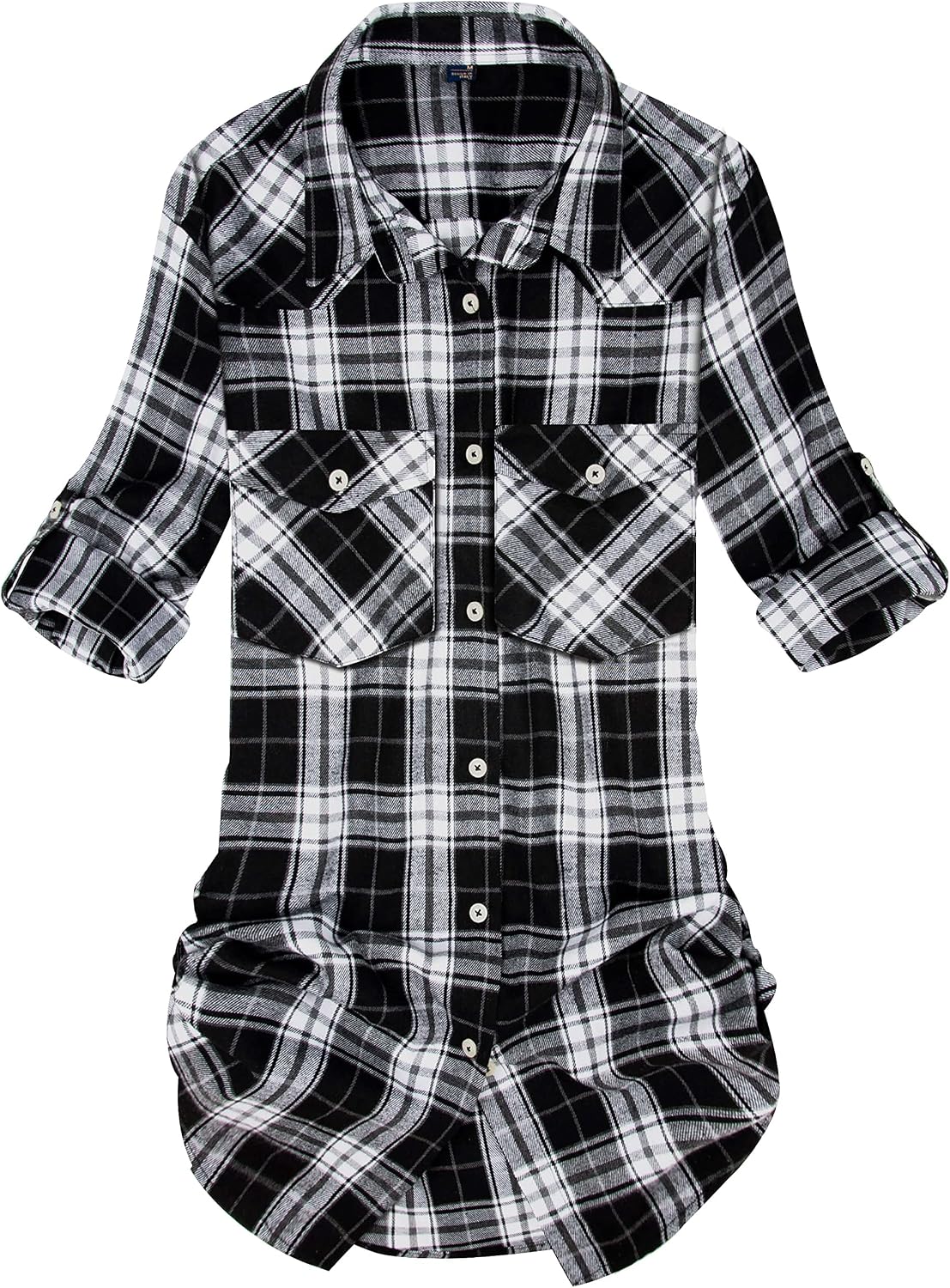 Alimens & Gentle Pure Cotton Flannel Shirt Women Long Sleeve Plaid Shirts Black White
