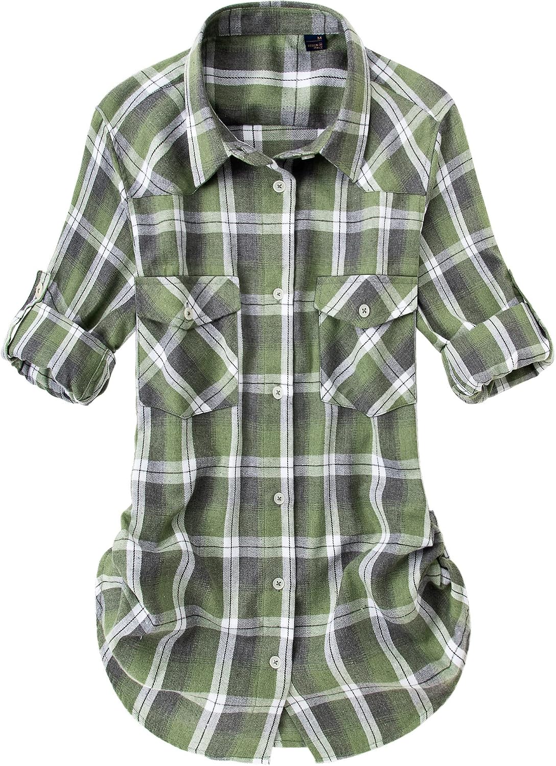 Alimens & Gentle Pure Cotton Flannel Shirt Women Long Sleeve Plaid Shirts Green