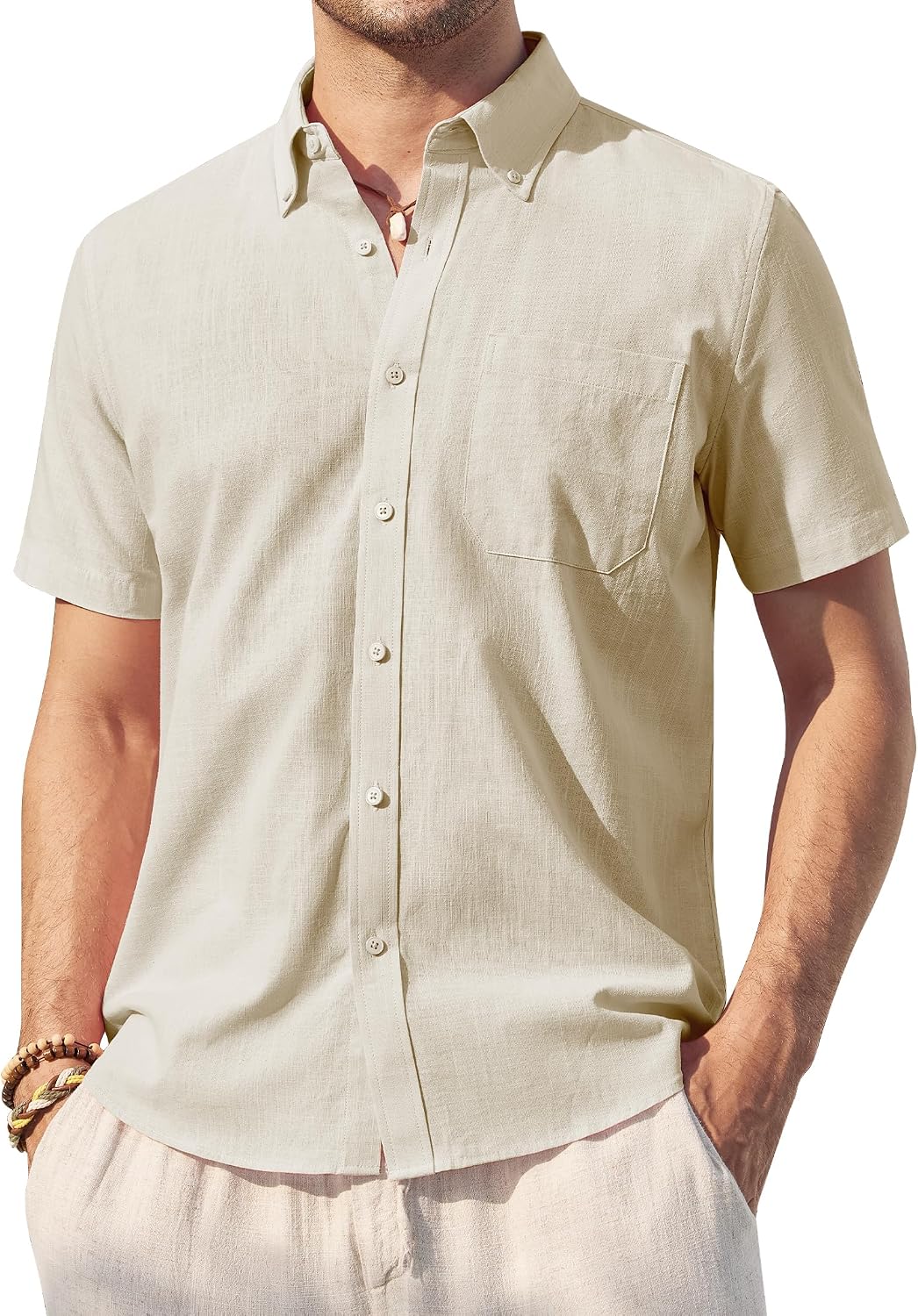 Alimens & Gentle Mens Linen Shirt Short Sleeve Casual Cotton Button Down Shirts Collared Summer Shirts Khaki