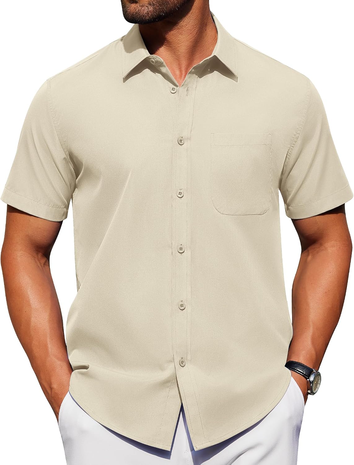 Alimens & Gentle Men's Short Sleeve Dress Shirts Wrinkle Free Untucked Casual Button Down Shirt Apricot