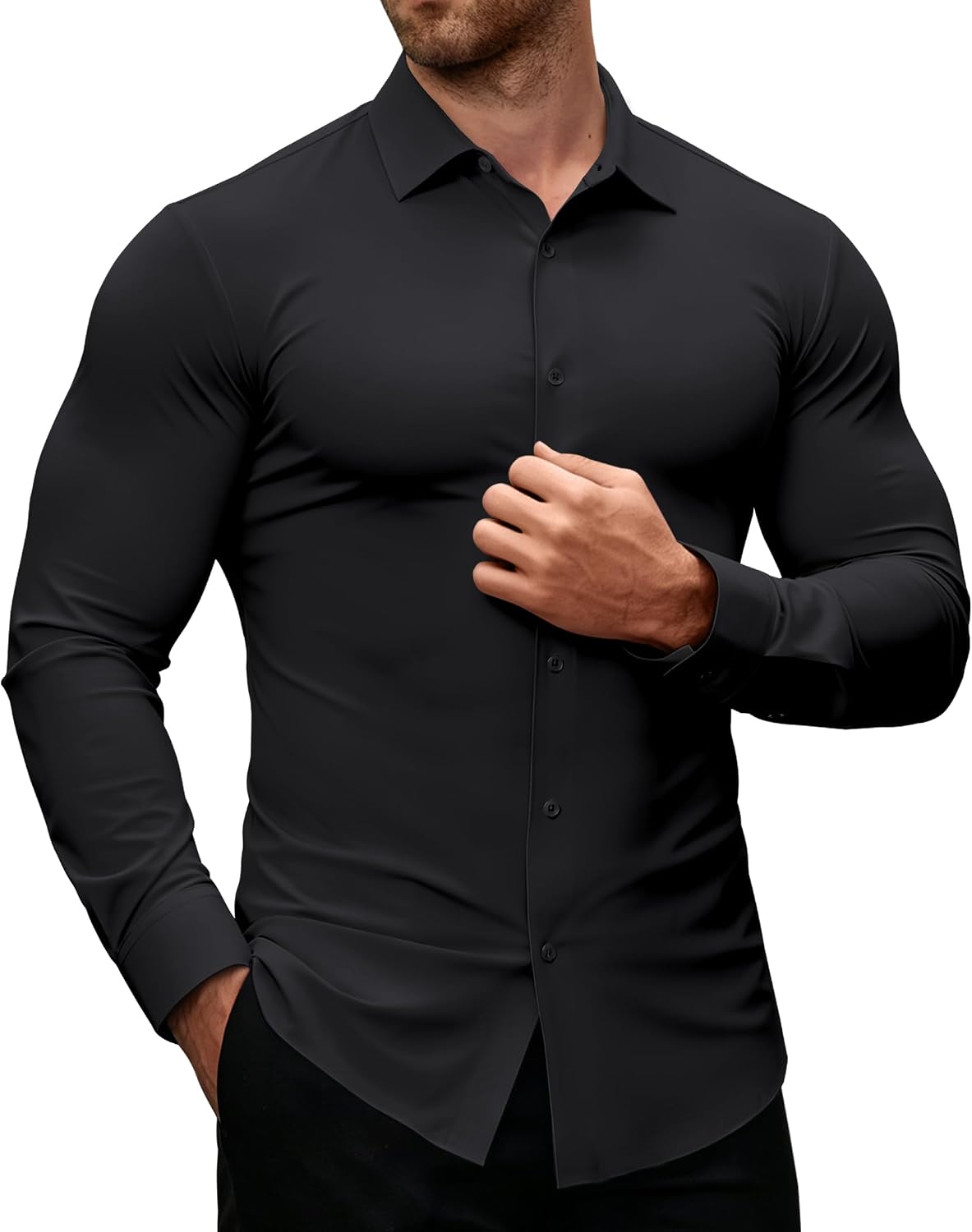 Alimens & Gentle Stretch Mens Dress Shirts Slim Fit Long Sleeve Casual Skinny Muscle Fit Wrinkle Free Button Down Shirt Black