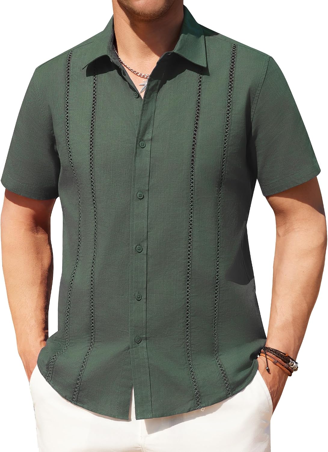 Alimens & Gentle Men's Cuban Guayabera Shirts Cotton Linen Short Sleeve Button Down Shirts Casual Summer Beach Camp Shirt Army Green