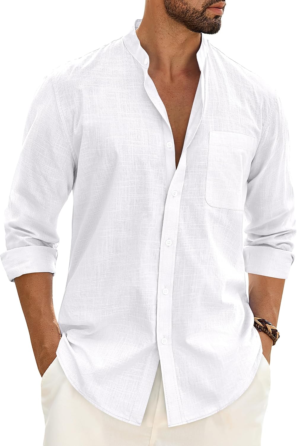 Alimens & Gentle Men's Cotton Linen Shirts Long Sleeve Button Down Shirt Band Collar Beach Shirts All White