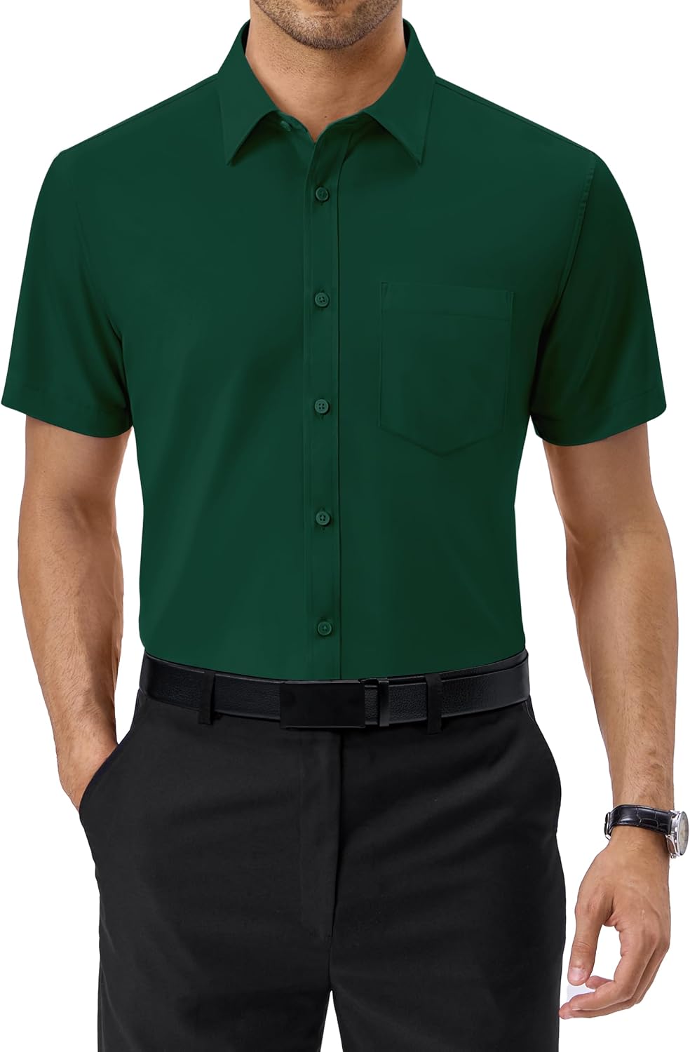 Alimens & Gentle Mens Dress Shirt Short Sleeve Pocket Button Down Shirt Dark Green