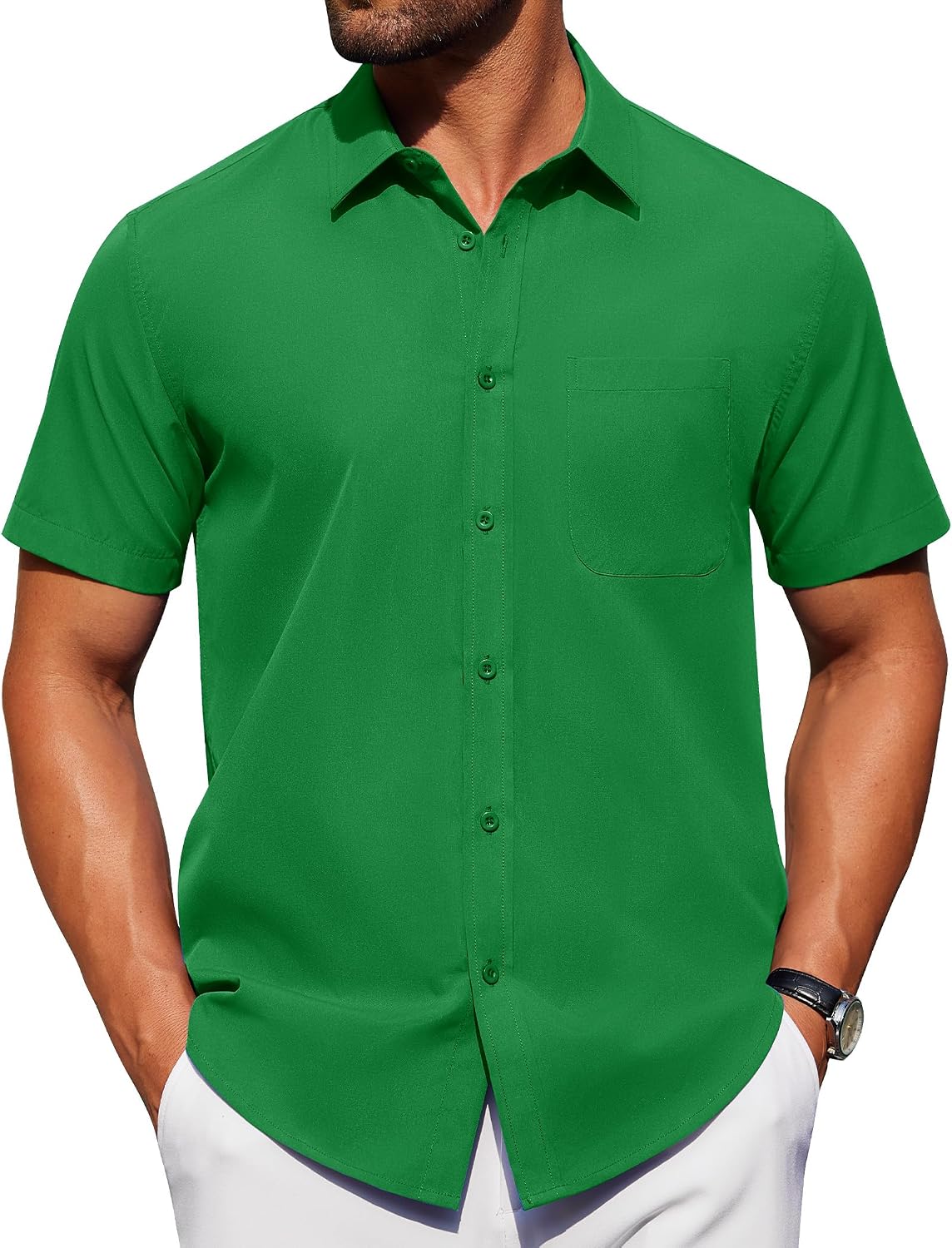 Alimens & Gentle Men's Short Sleeve Dress Shirts Wrinkle Free Untucked Casual Button Down Shirt Bright Green