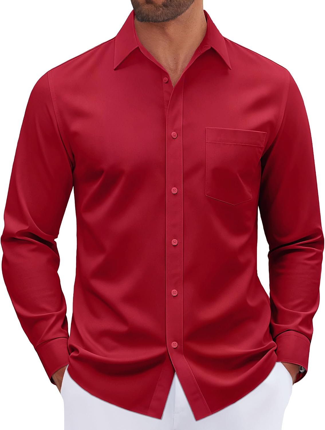 Mens Dress Shirt Long Sleeve Wrinkle Free Stretch Button Down Shirt Red