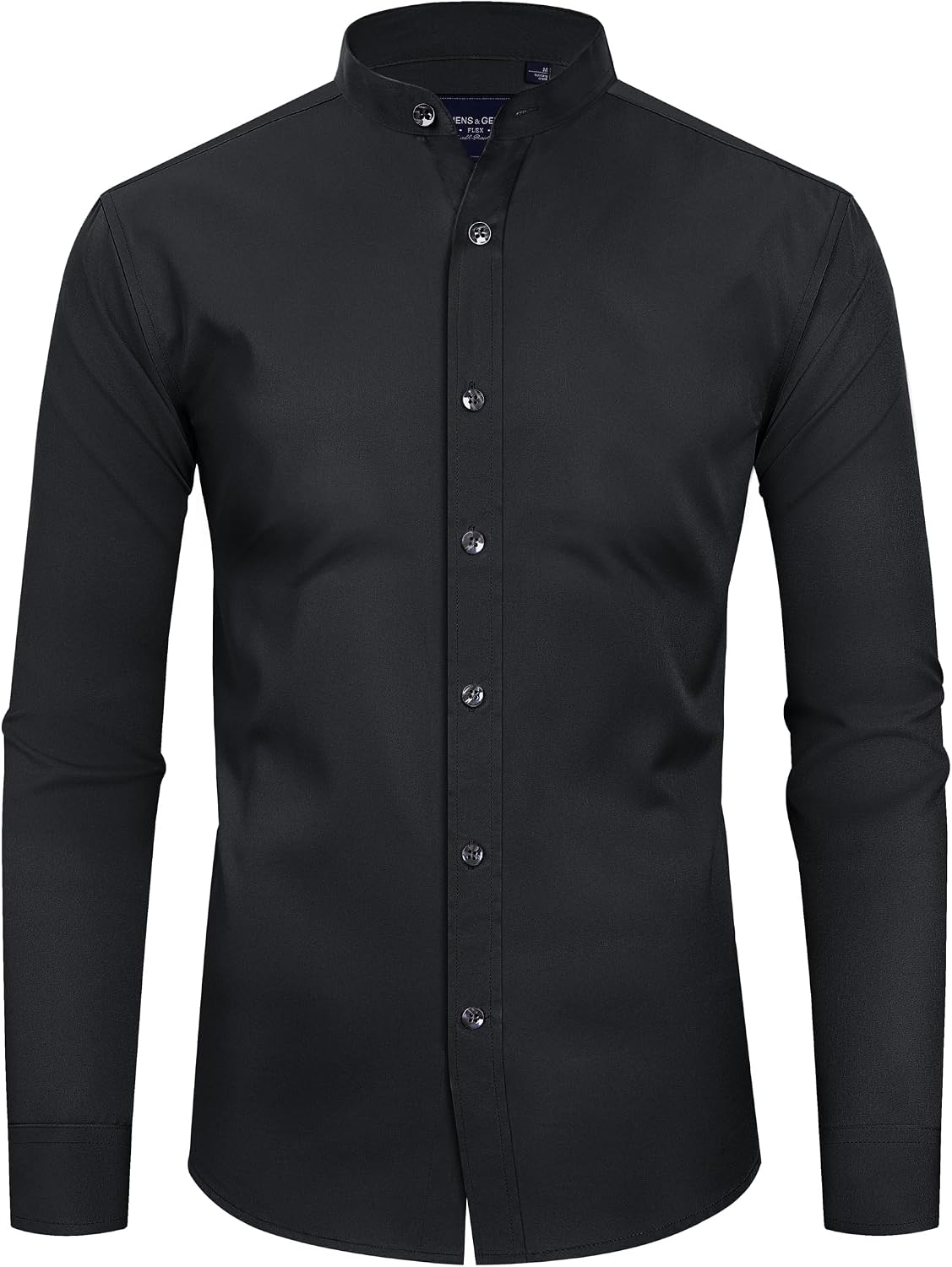 Alimens & Gentle Men's Banded Collar Dress Shirts Wrinkle Free Long Sleeve Mandarin Collar Button Down Shirt Black