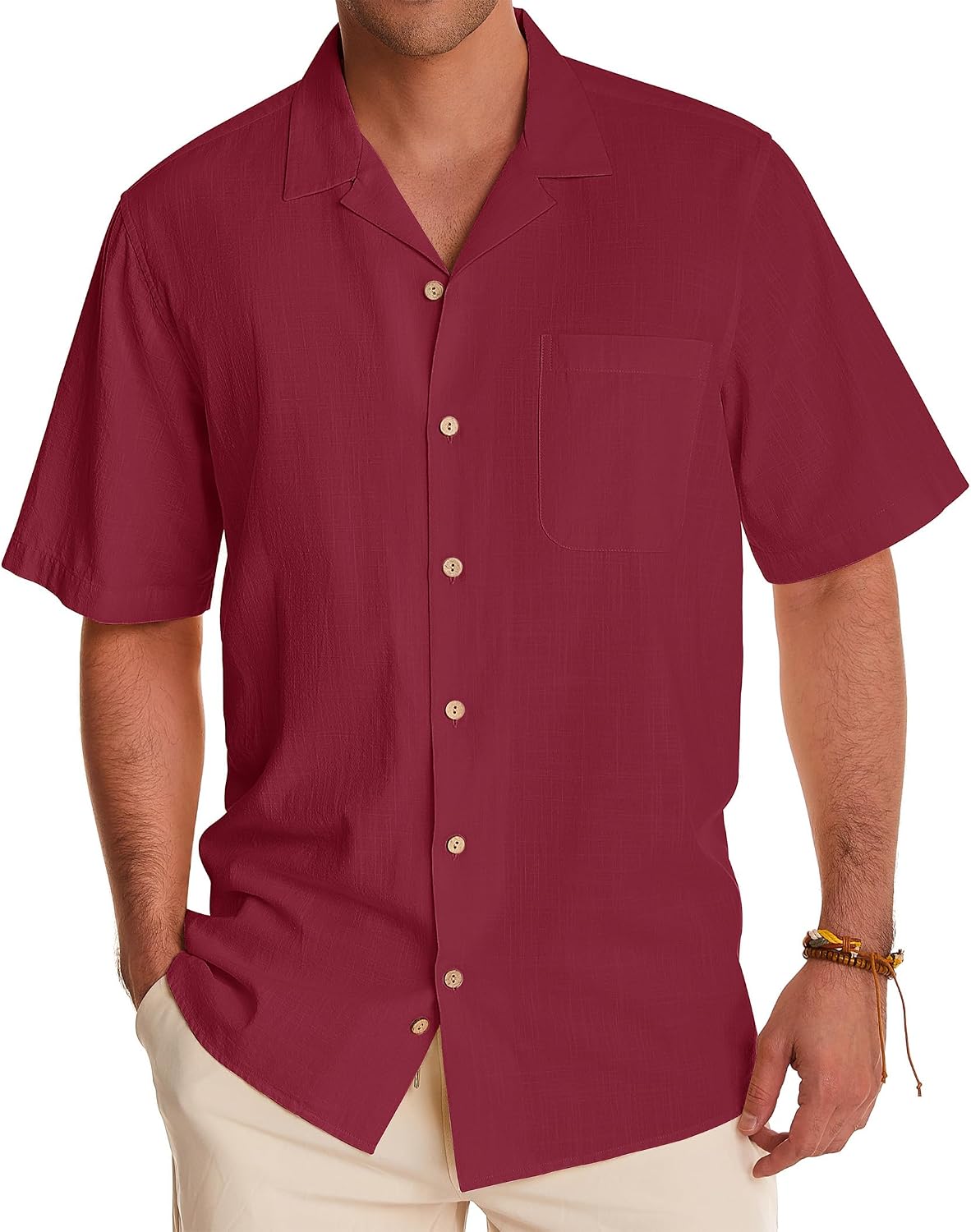 Alimens & Gentle Mens Linen Shirts Short Sleeve Button Down Shirts Cotton Summer Beach Cuban Shirts Vacation Hawaiian Shirts Raspberry Wine
