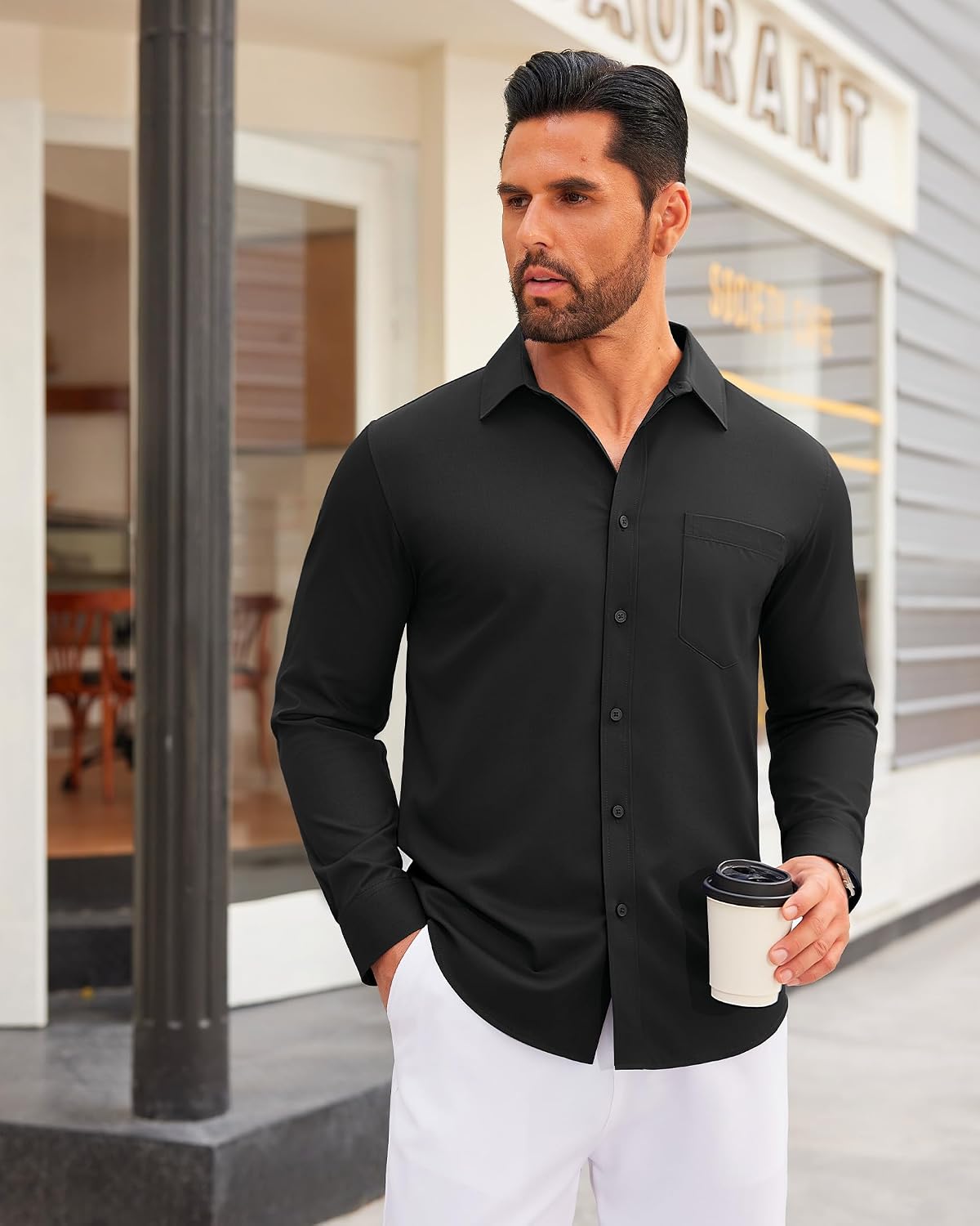 Mens Dress Shirt Long Sleeve Wrinkle Free Stretch Button Down Shirt Black