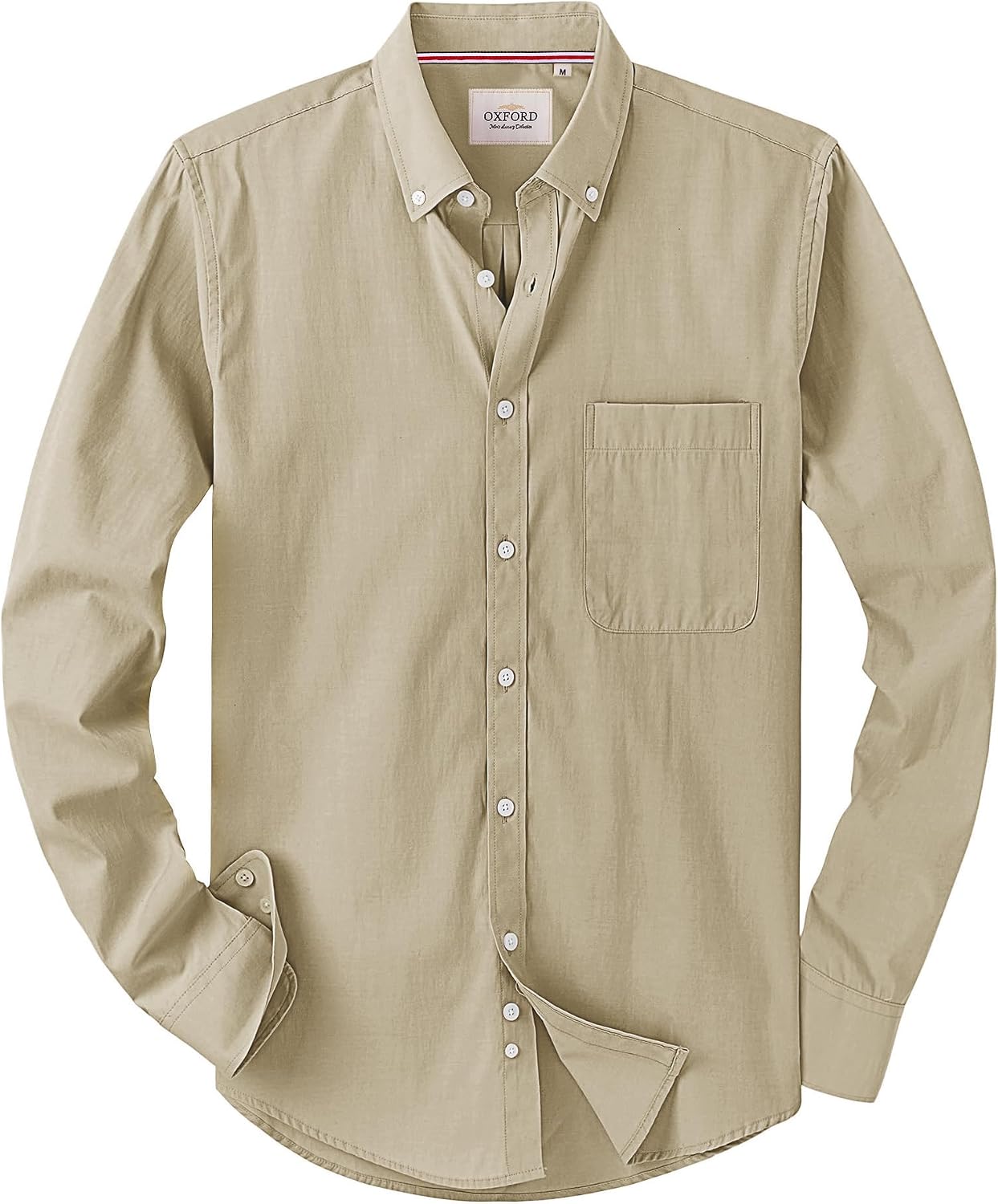 Alimens & Gentle Mens Solid Oxford Shirt Long Sleeve Dress Shirt Work Casual Button Down Shirts with Pocket Light Khaki