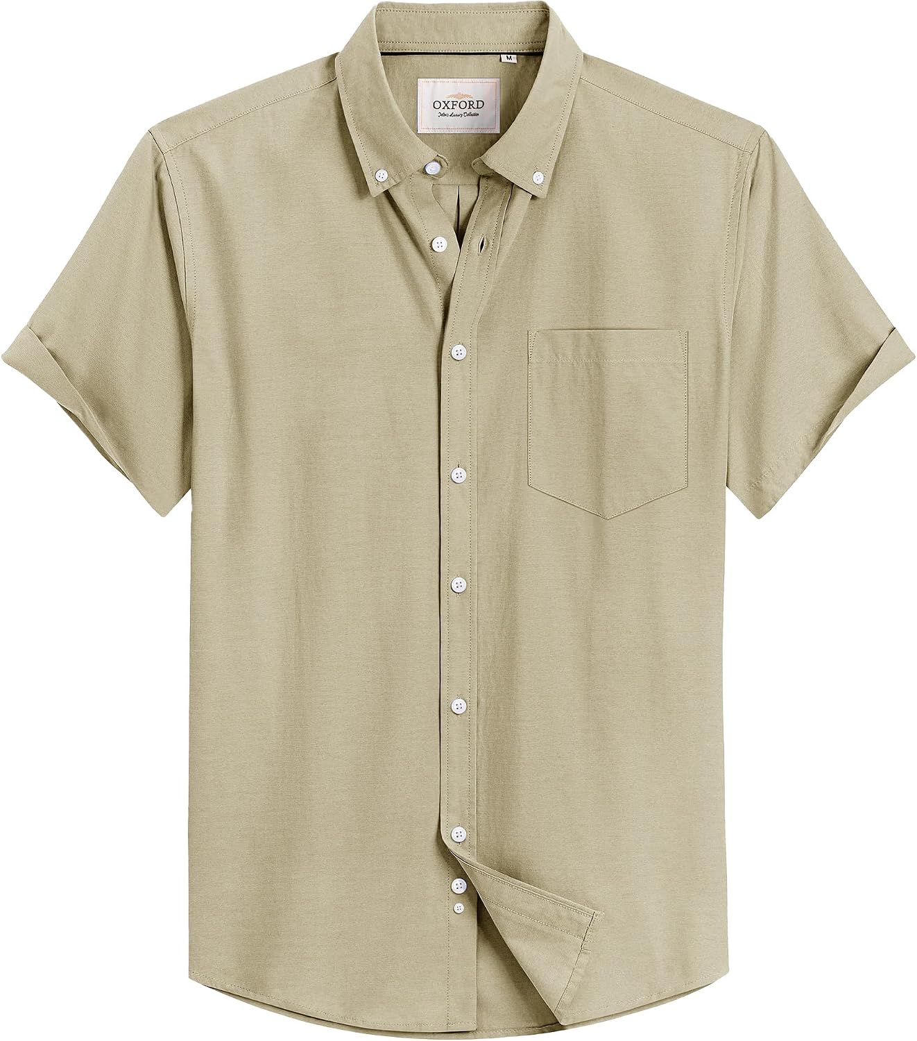Mens Oxford Dress Shirt Short Sleeve Button Down Collar Summer Casual Shirt Khaki