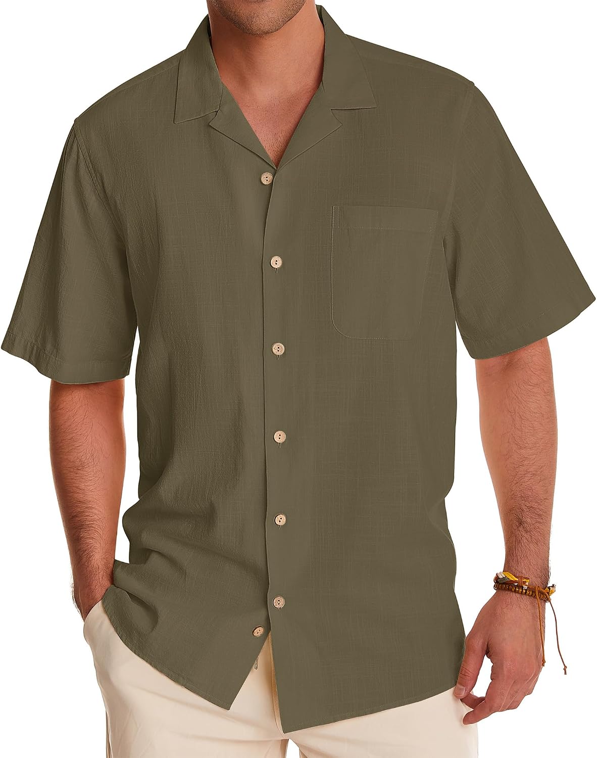 Alimens & Gentle Mens Linen Shirts Cotton Hawaiian Shirts Short Sleeve Button Down Shirts Casual Summer Beach Tops Olive Drab