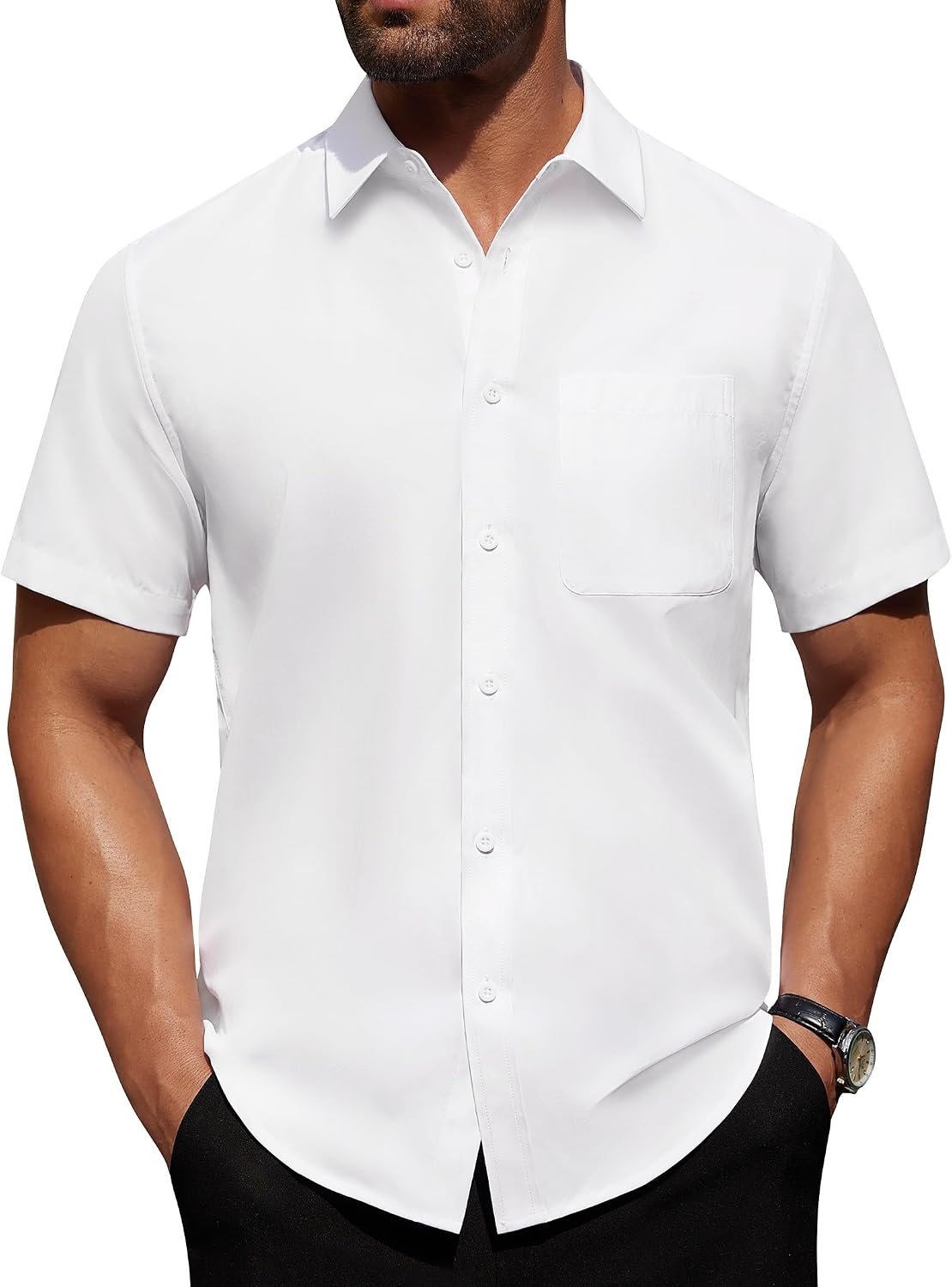 Alimens & Gentle Men's Short Sleeve Dress Shirts Wrinkle Free Untucked Casual Button Down Shirt White