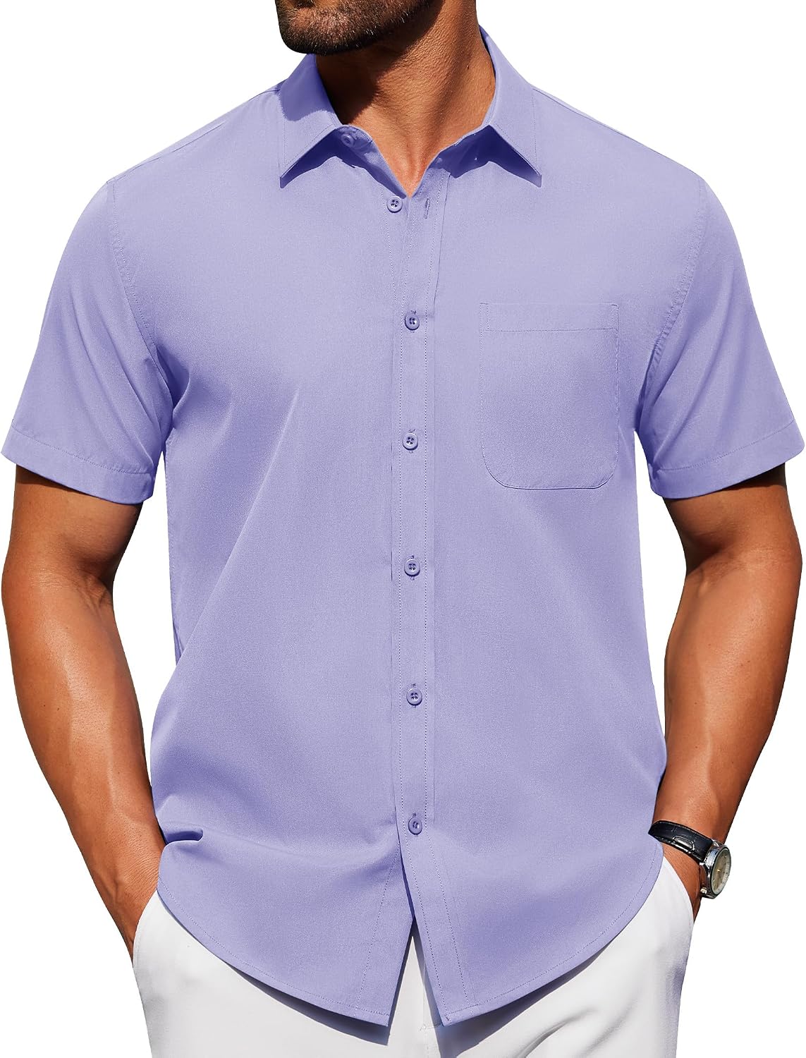 Alimens & Gentle Men's Short Sleeve Dress Shirts Wrinkle Free Untucked Casual Button Down Shirt Light Purple