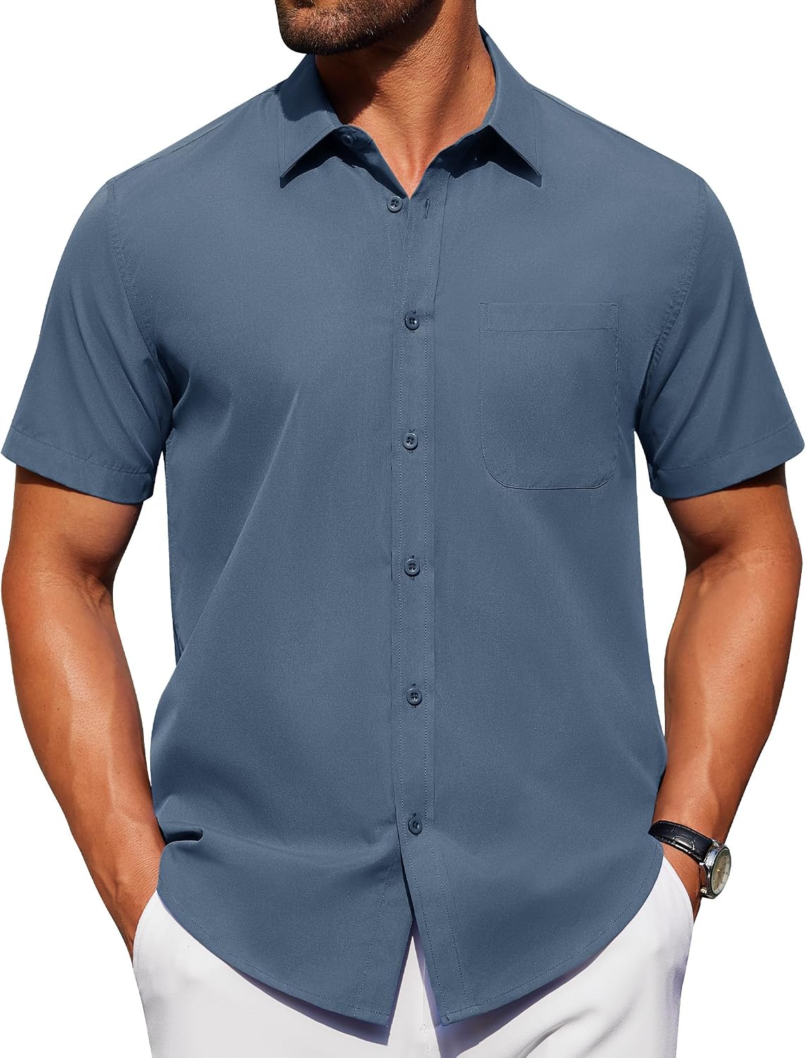 Alimens & Gentle Men's Short Sleeve Dress Shirts Wrinkle Free Untucked Casual Button Down Shirt Captain Blue