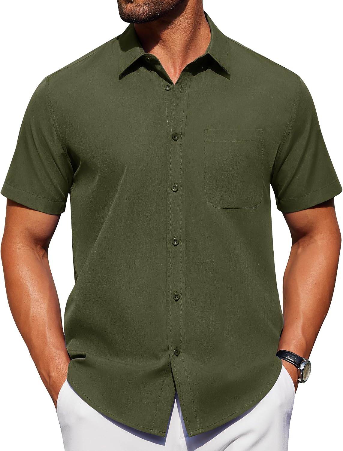 Alimens & Gentle Men's Short Sleeve Dress Shirts Wrinkle Free Untucked Casual Button Down Shirt Army Green