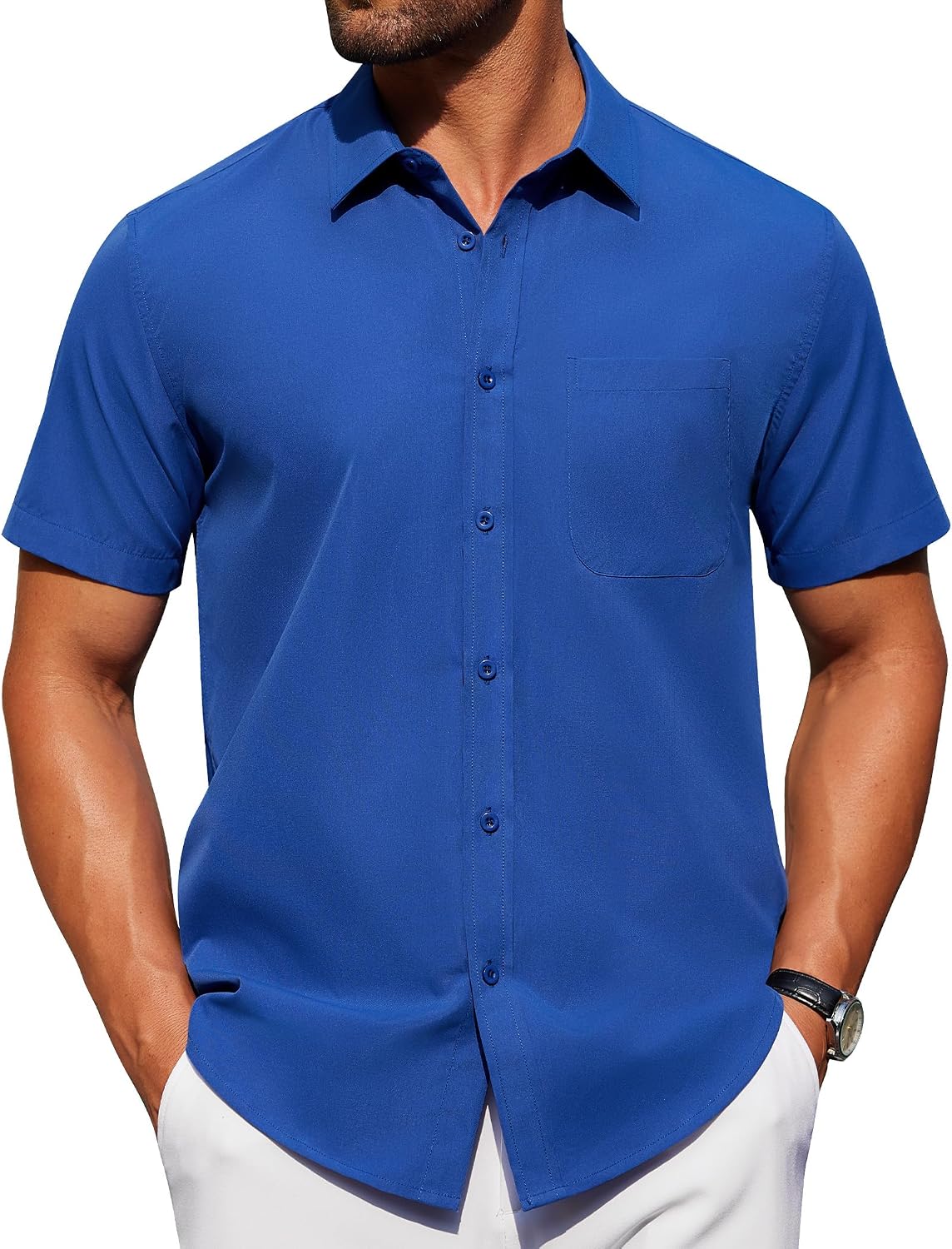 Alimens & Gentle Men's Short Sleeve Dress Shirts Wrinkle Free Untucked Casual Button Down Shirt Royal Blue