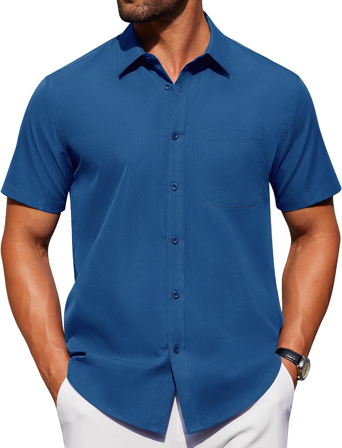 Alimens & Gentle Men's Short Sleeve Dress Shirts Wrinkle Free Untucked Casual Button Down Shirt Peacock Blue