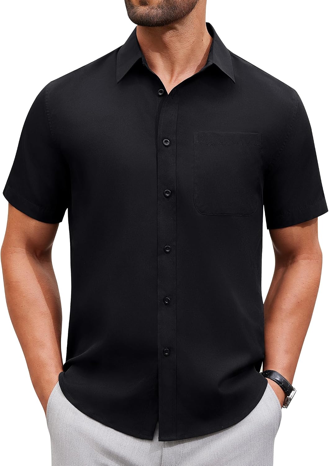 Alimens & Gentle Men's Short Sleeve Dress Shirts Wrinkle Free Untucked Casual Button Down Shirt Black