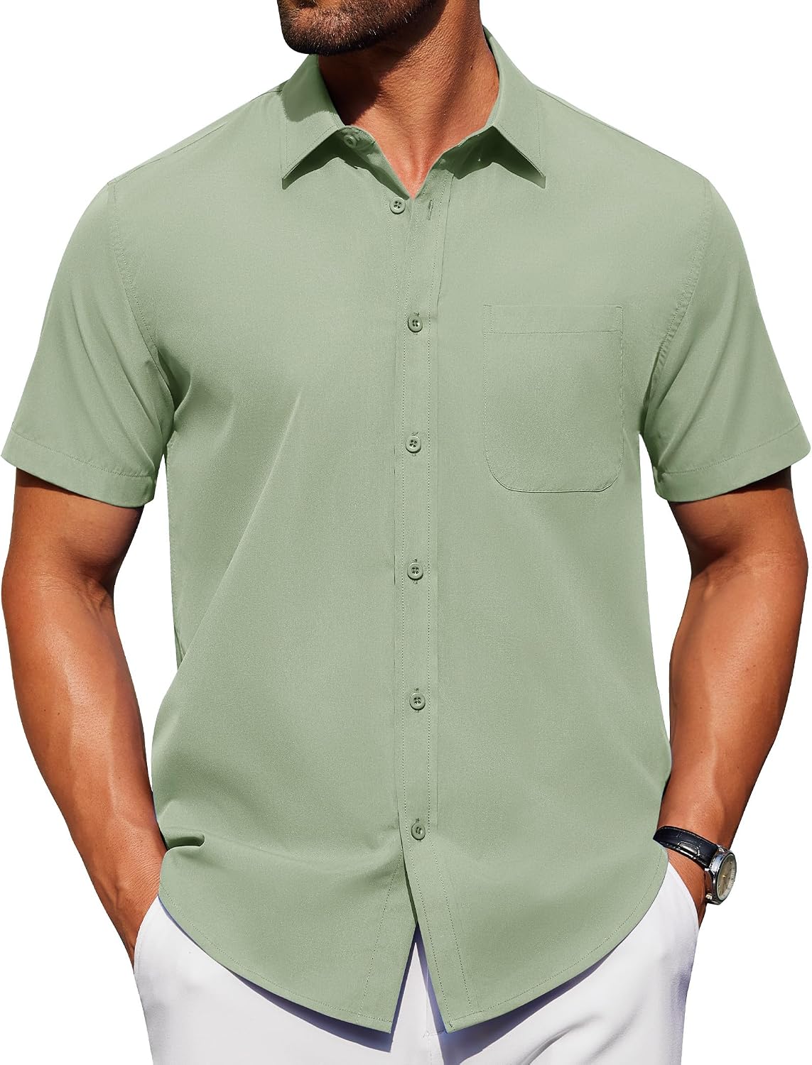 Alimens & Gentle Men's Short Sleeve Dress Shirts Wrinkle Free Untucked Casual Button Down Shirt Sage Green