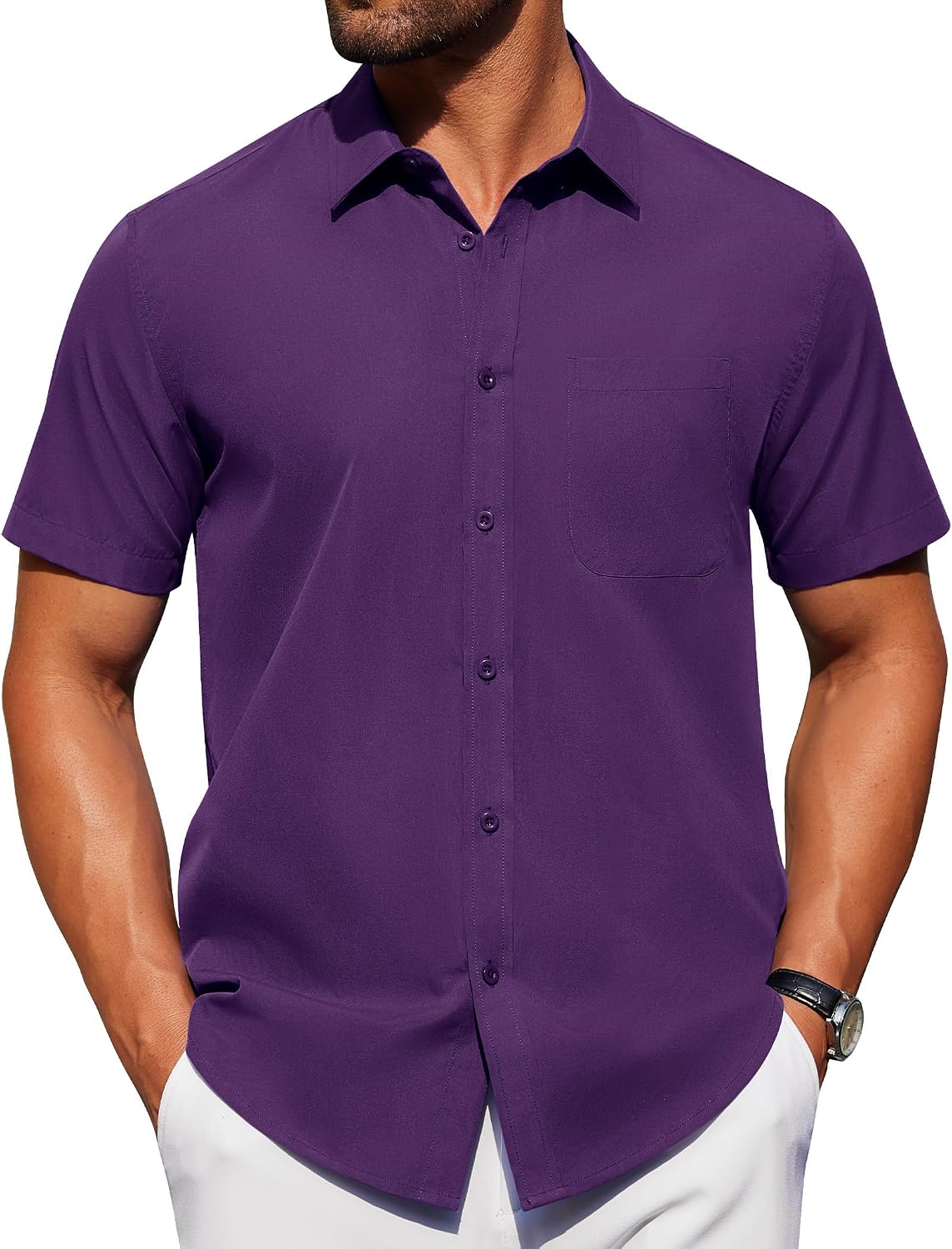 Alimens & Gentle Men's Short Sleeve Dress Shirts Wrinkle Free Untucked Casual Button Down Shirt Dark Purple