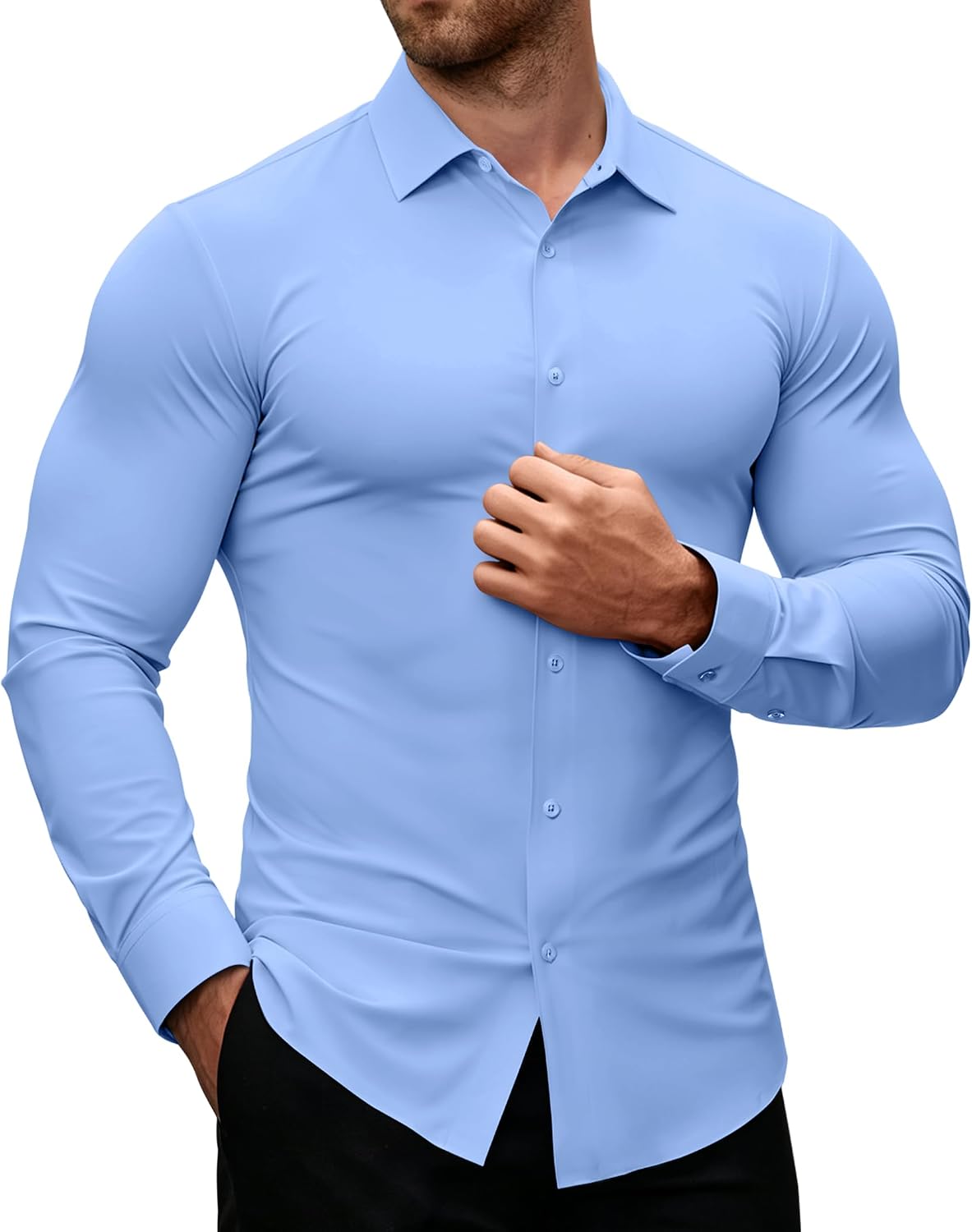 Alimens & Gentle Stretch Mens Dress Shirts Slim Fit Long Sleeve Casual Skinny Muscle Fit Wrinkle Free Button Down Shirt Classic Blue