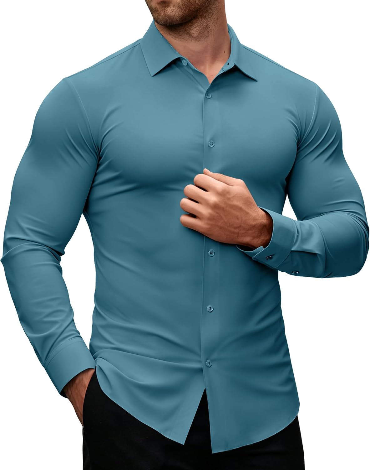 Alimens & Gentle Stretch Mens Dress Shirts Slim Fit Long Sleeve Casual Skinny Muscle Fit Wrinkle Free Button Down Shirt Blue Heaven