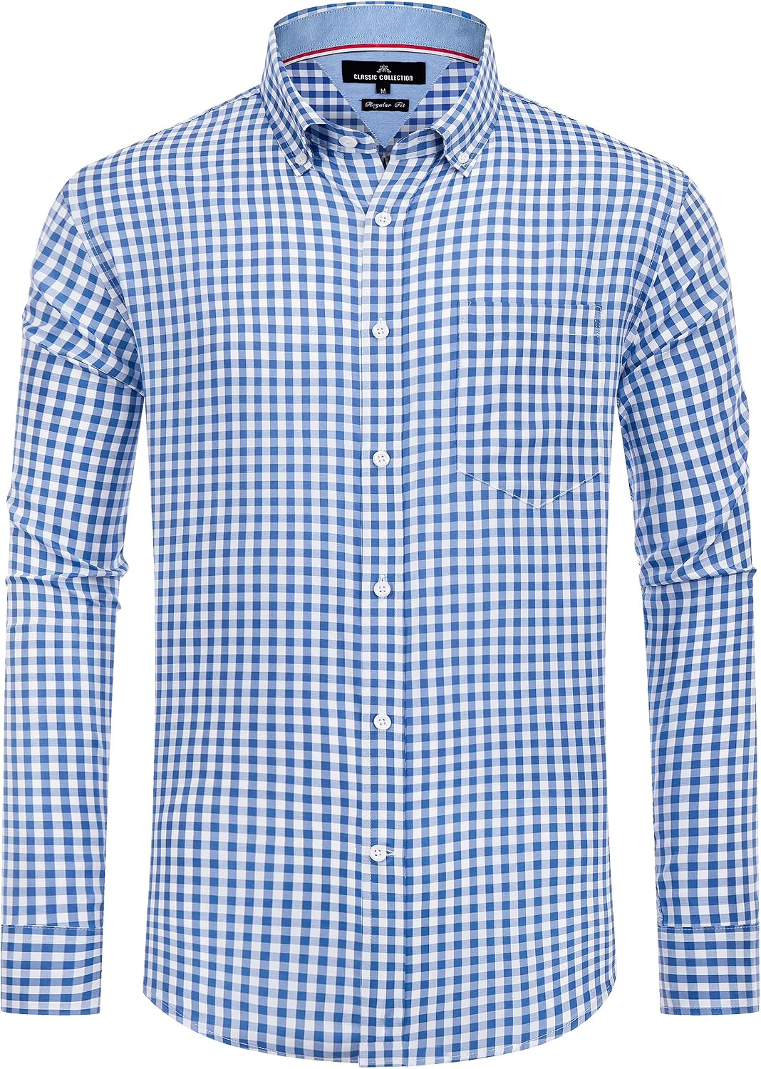 Alimens & Gentle Men's Plaid Button Down Shirts Cotton Long Sleeve Dress Shirts Regular Fit Gingham Shirts Blue White Plaid