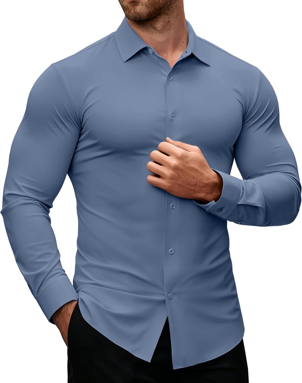 Alimens & Gentle Stretch Mens Dress Shirts Slim Fit Long Sleeve Casual Skinny Muscle Fit Wrinkle Free Button Down Shirt Infinity Blue