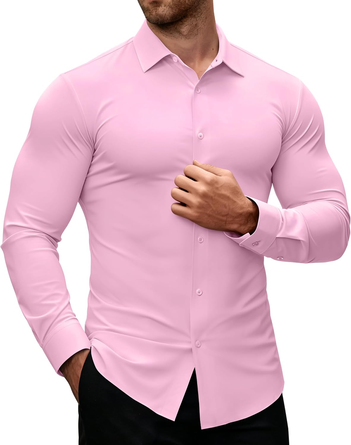 Alimens & Gentle Stretch Mens Dress Shirts Slim Fit Long Sleeve Casual Skinny Muscle Fit Wrinkle Free Button Down Shirt Pink