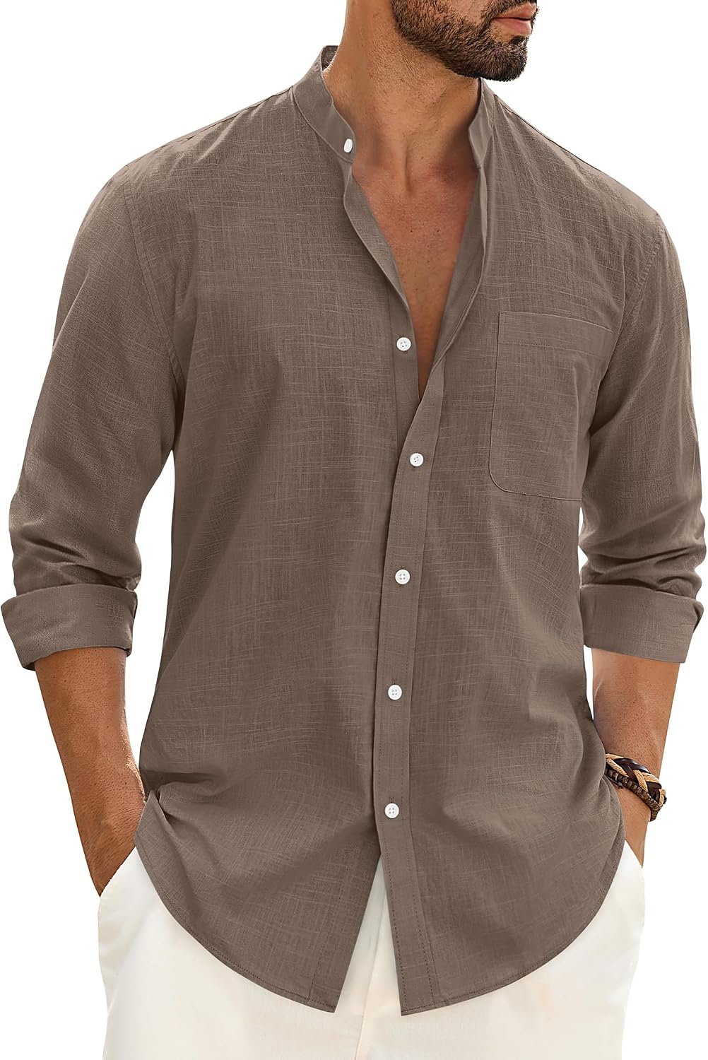 Alimens & Gentle Men's Cotton Linen Shirts Long Sleeve Button Down Shirt Band Collar Beach Shirts Khaki