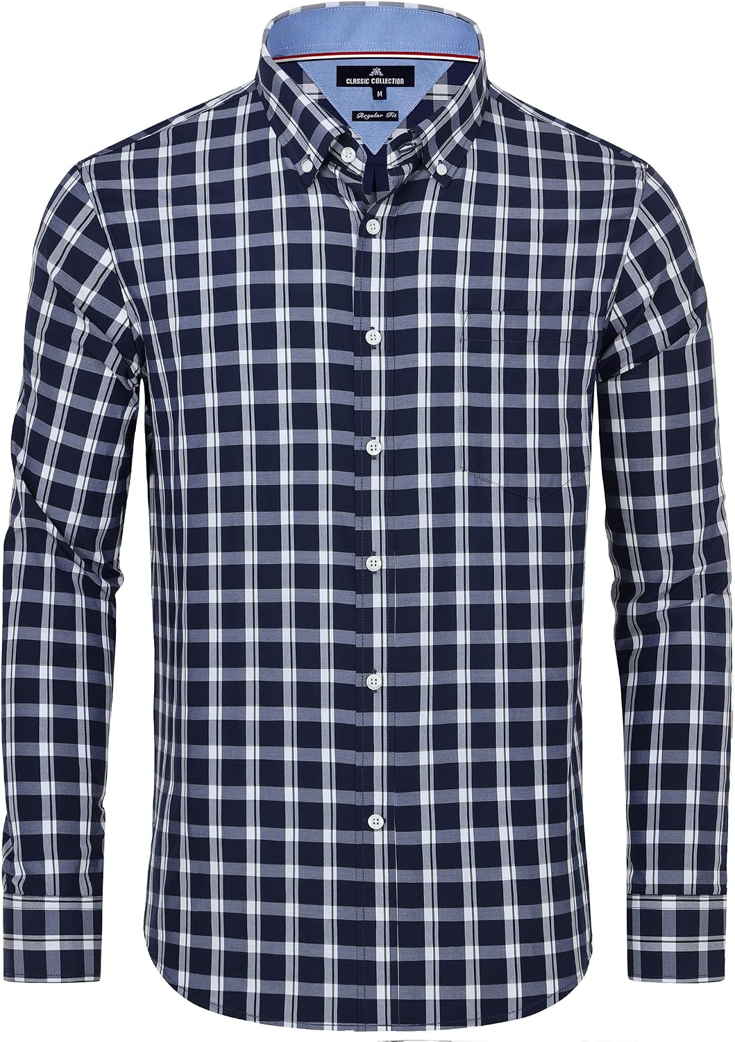 Alimens & Gentle Men's Plaid Button Down Shirts Cotton Long Sleeve Dress Shirts Regular Fit Gingham Shirts Navy White Plaid