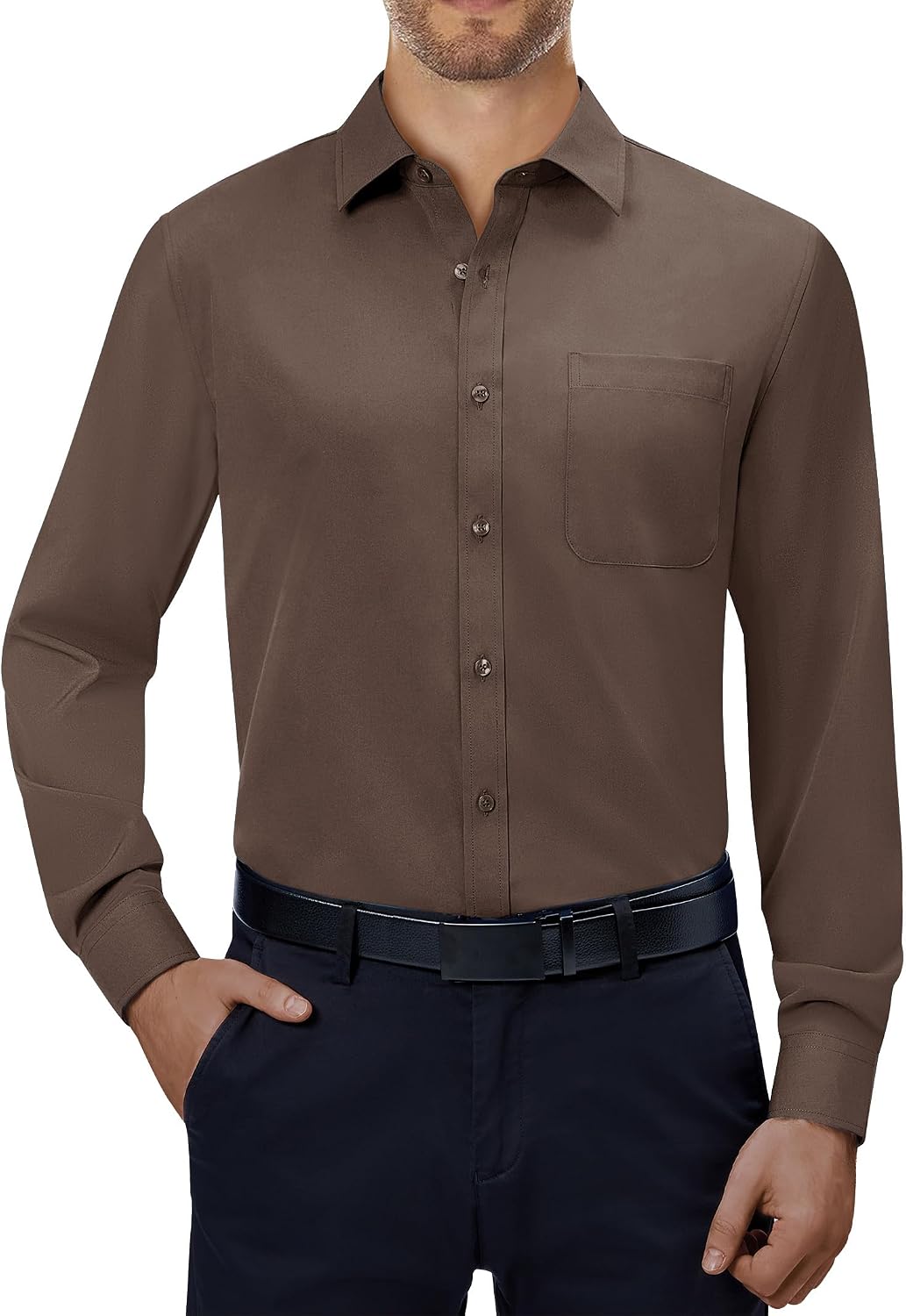 Alimens & Gentle Mens Dress Shirts Long Sleeve Stretch Button Down Shirt Dark Khaki
