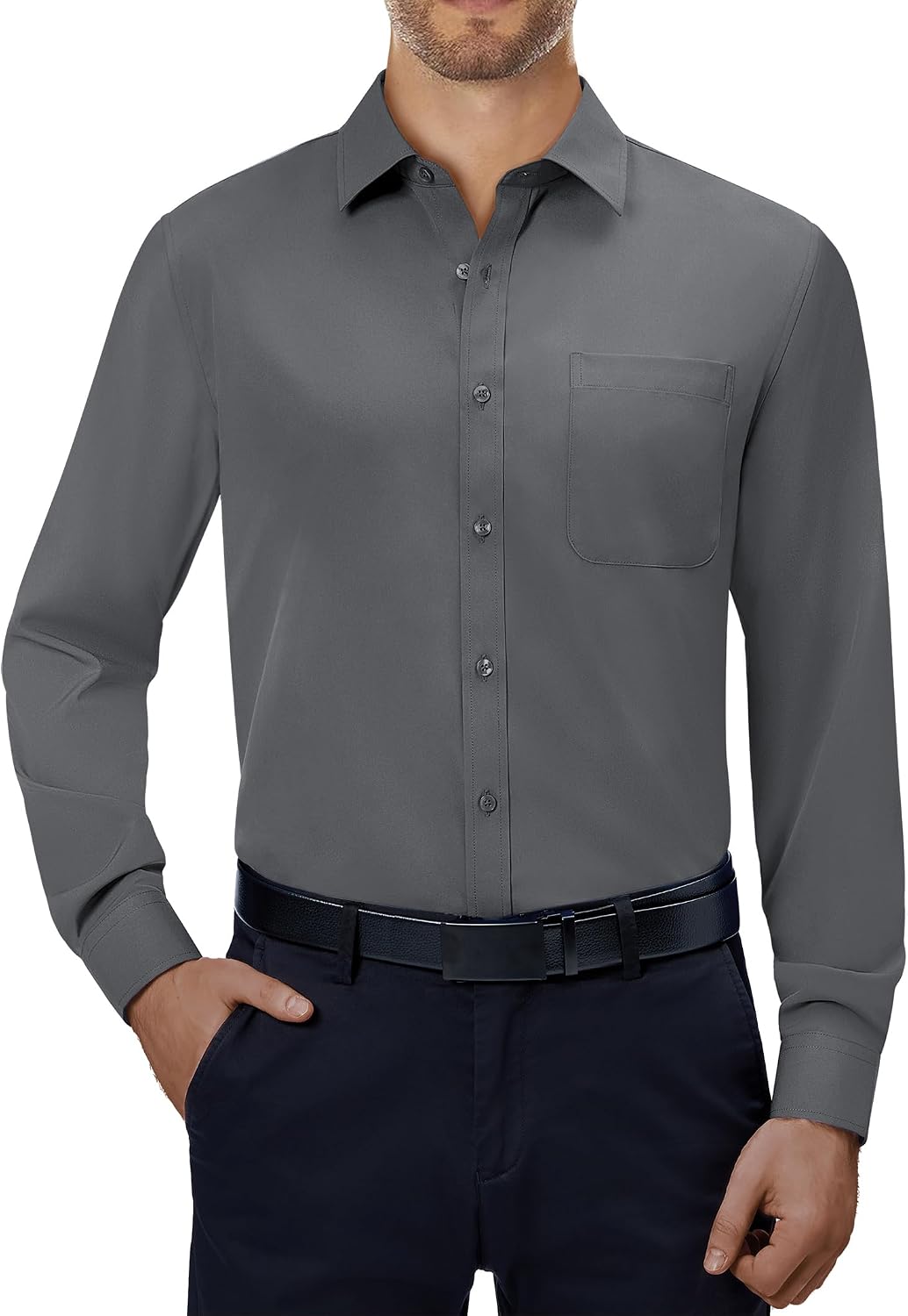 Alimens & Gentle Mens Dress Shirts Long Sleeve Stretch Button Down Shirt Dark Grey