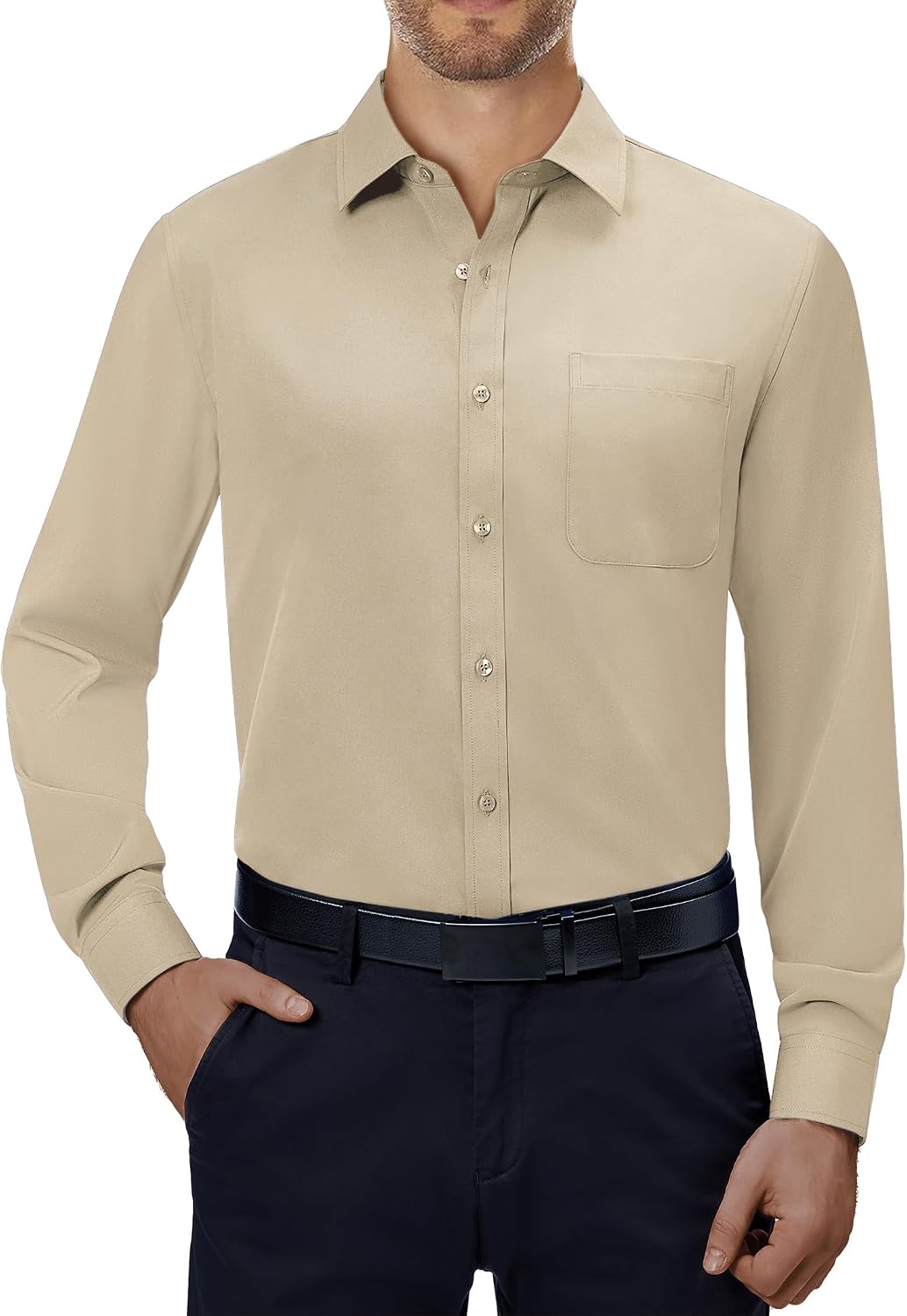 Alimens & Gentle Mens Dress Shirts Long Sleeve Stretch Button Down Shirt Khaki