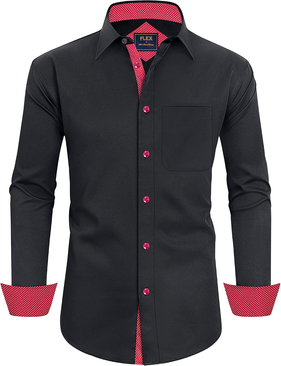 Mens Dress Shirt Long Sleeve Wrinkle Free Button Down Shirt Business Casual Flex Black Red
