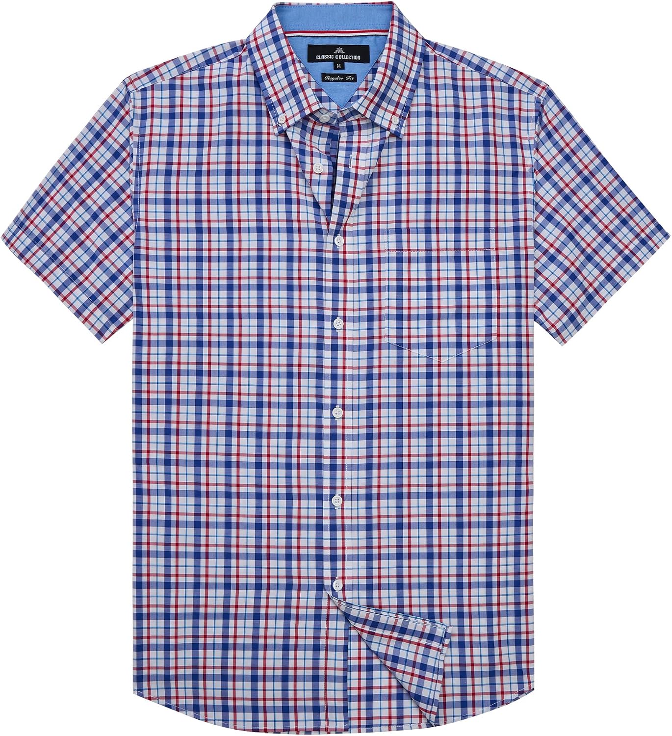 Alimens & Gentle Plaid Mens Short Sleeve Button Down Shirts with Pocket Blue Red Plaid