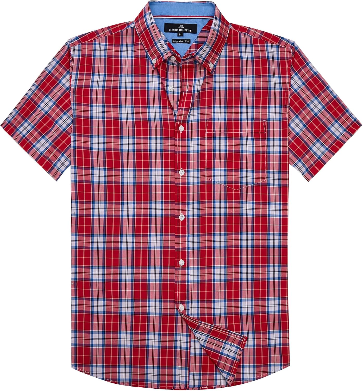 Alimens & Gentle Plaid Mens Short Sleeve Button Down Shirts with Pocket Red Blue Plaid