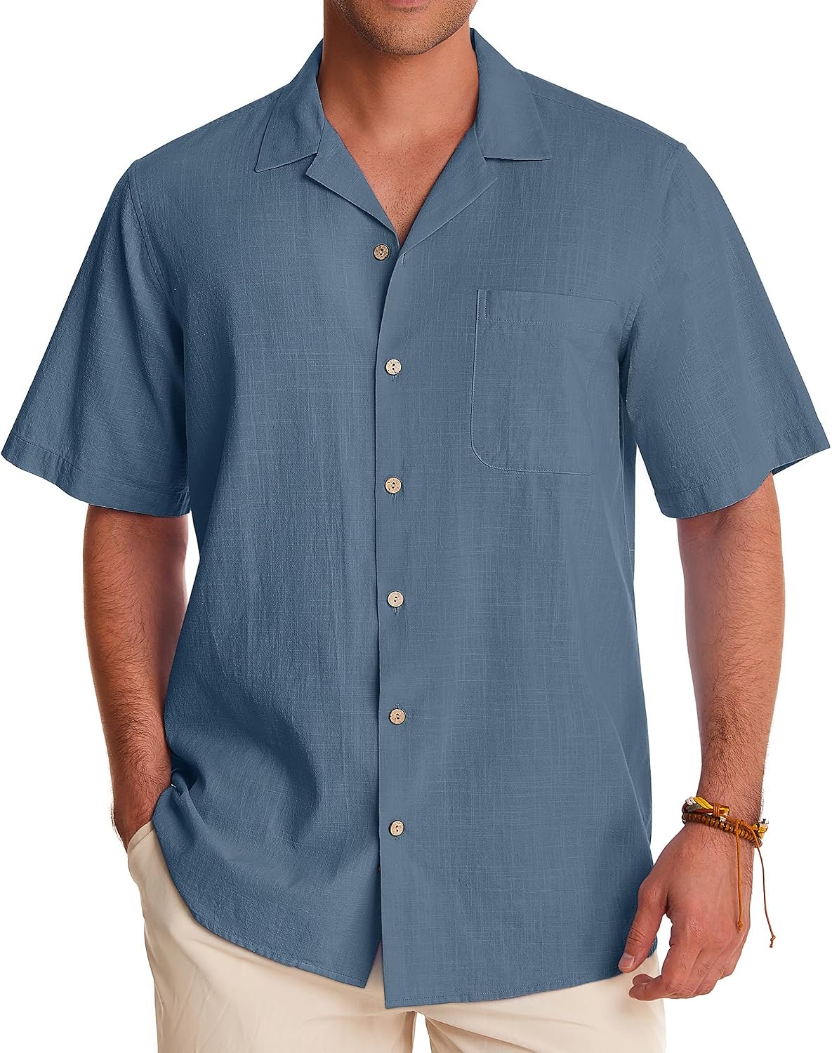 Alimens & Gentle Mens Linen Shirts Cotton Hawaiian Shirts Short Sleeve Button Down Shirts Casual Summer Beach Tops Blue Wing Teal