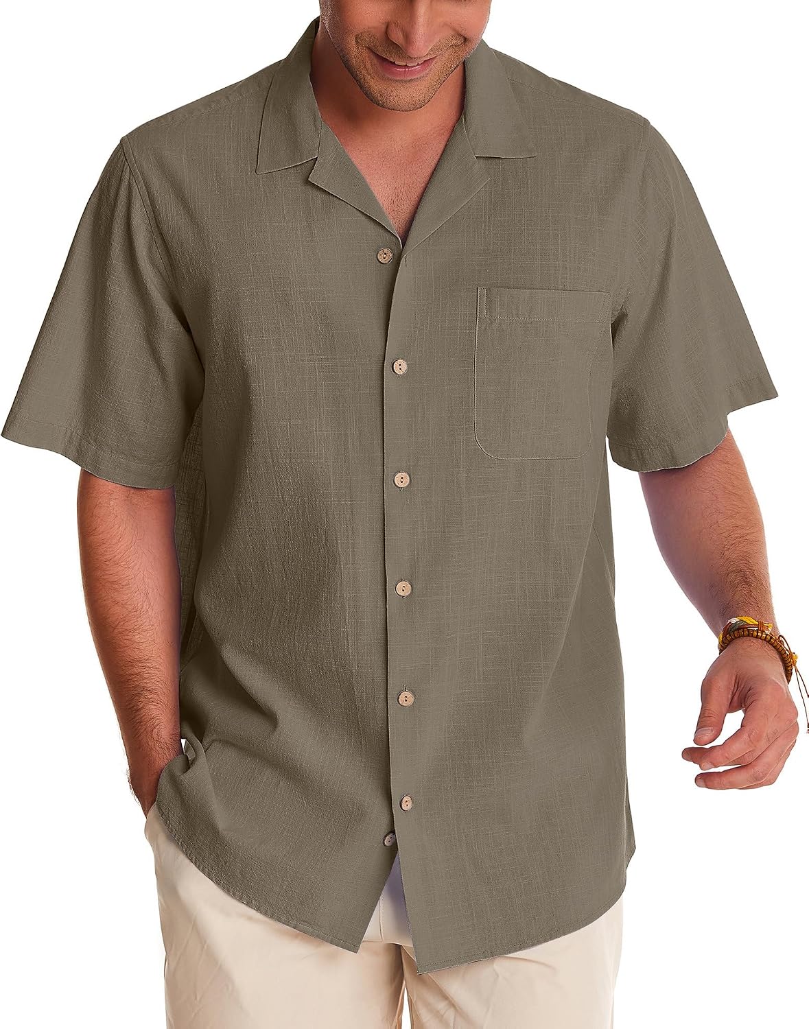 Alimens & Gentle Mens Linen Shirts Cotton Hawaiian Shirts Short Sleeve Button Down Shirts Casual Summer Beach Tops Khaki