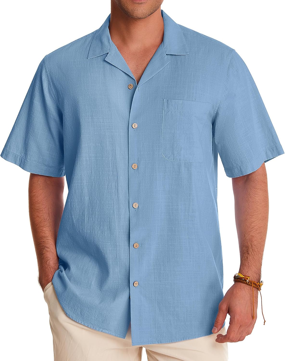 Alimens & Gentle Mens Linen Shirts Cotton Hawaiian Shirts Short Sleeve Button Down Shirts Casual Summer Beach Tops Blue Heaven