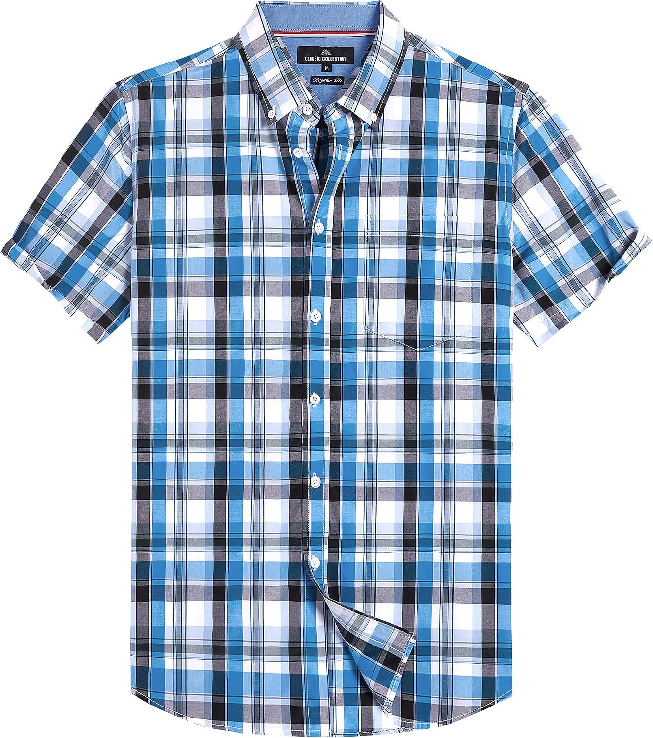 Alimens & Gentle Plaid Mens Short Sleeve Button Down Shirts with Pocket Black Blue Plaid
