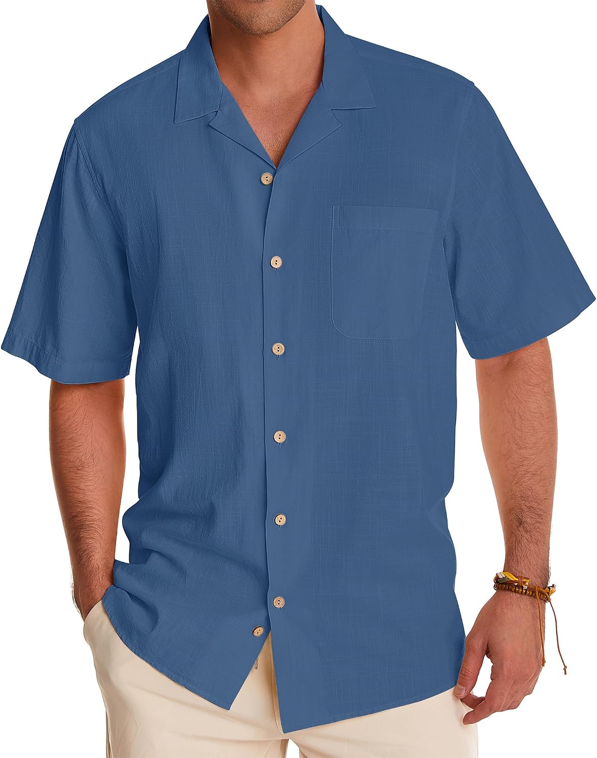 Alimens & Gentle Mens Linen Shirts Cotton Hawaiian Shirts Short Sleeve Button Down Shirts Casual Summer Beach Tops Denim Blue