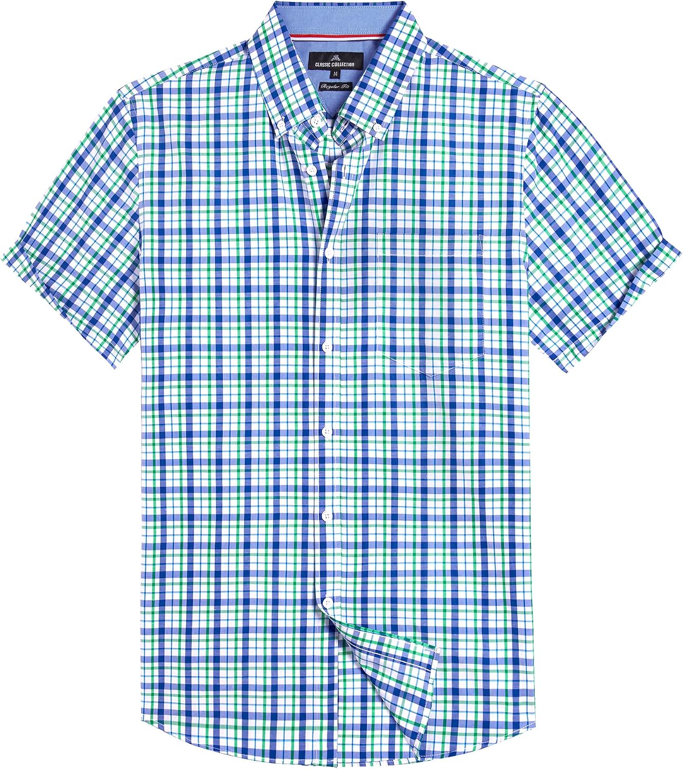 Alimens & Gentle Plaid Mens Short Sleeve Button Down Shirts with Pocket Navy Green Check