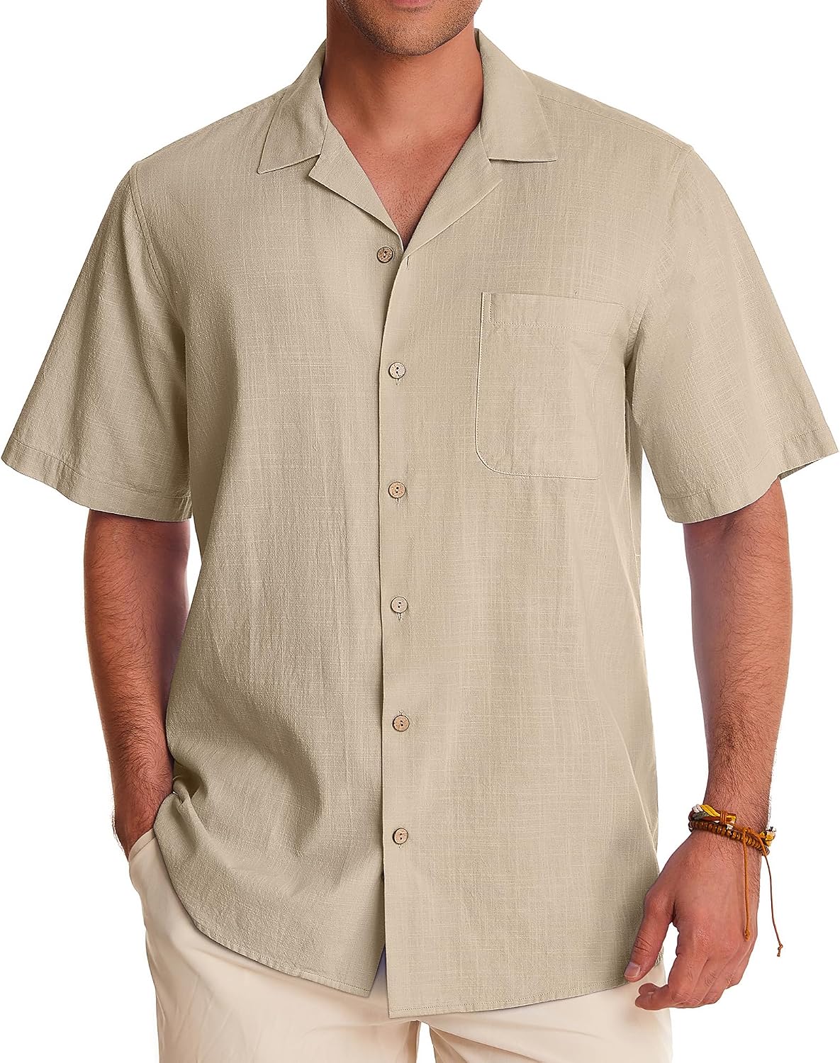 Alimens & Gentle Mens Linen Shirts Cotton Hawaiian Shirts Short Sleeve Button Down Shirts Casual Summer Beach Tops Blush Stone