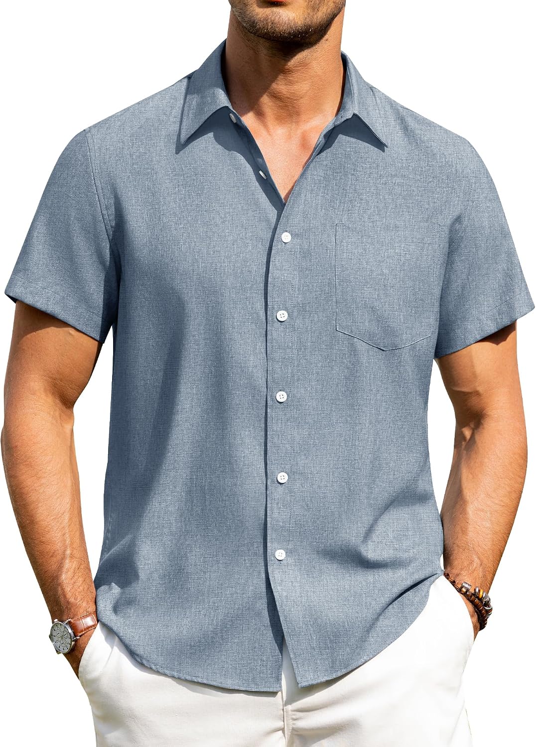 Alimens & Gentle Mens Linen Shirts Short Sleeve Button Down Shirts Wrinkle Free Casual Vacation Beach Summer Tops Grey Blue