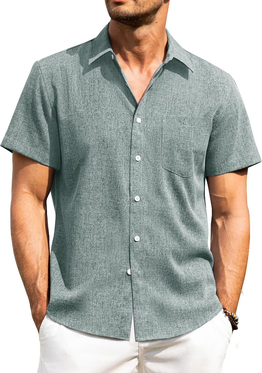 Alimens & Gentle Mens Linen Shirts Short Sleeve Button Down Shirts Wrinkle Free Casual Vacation Beach Summer Tops Teal