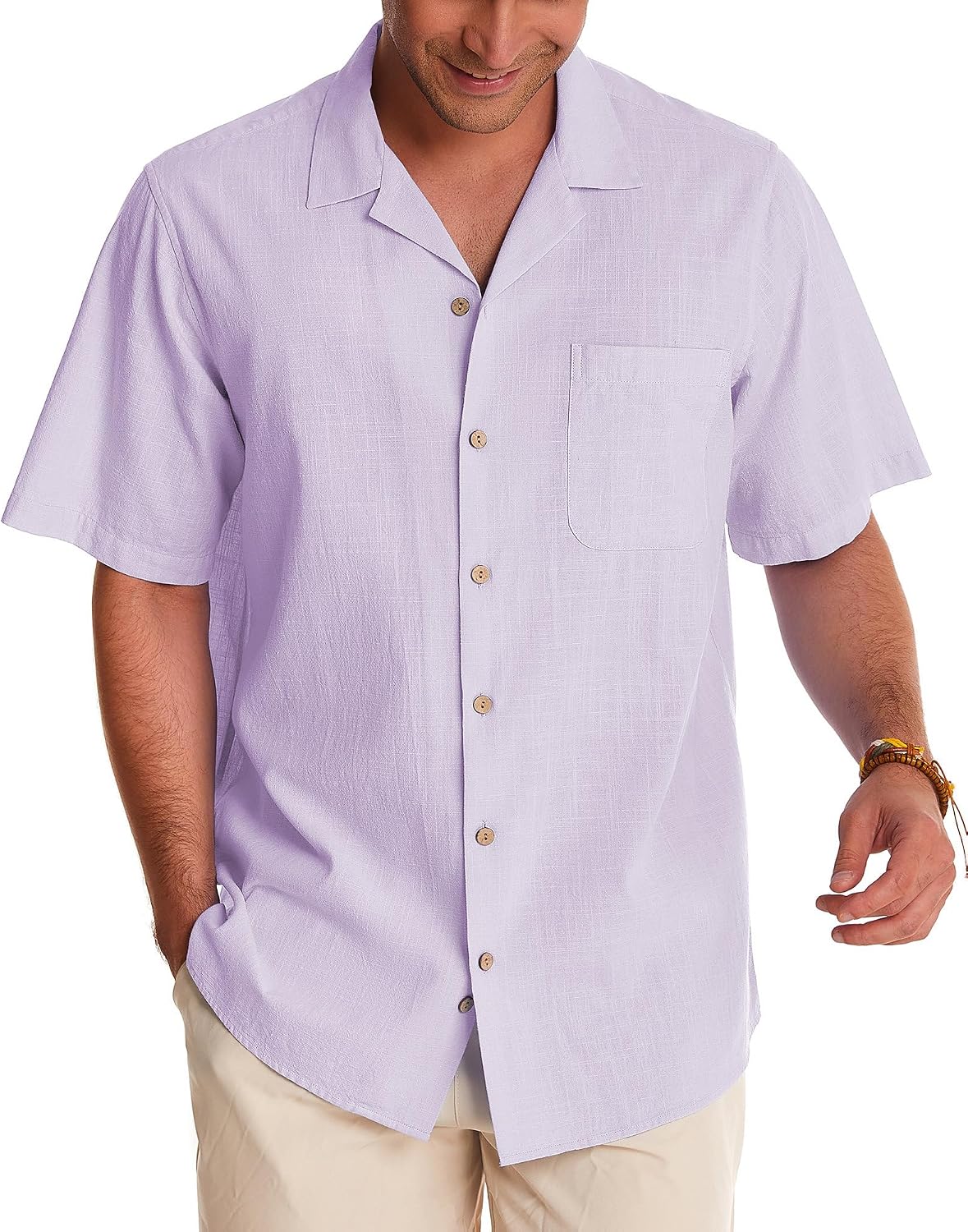 Alimens & Gentle Mens Linen Shirts Cotton Hawaiian Shirts Short Sleeve Button Down Shirts Casual Summer Beach Tops Lilac