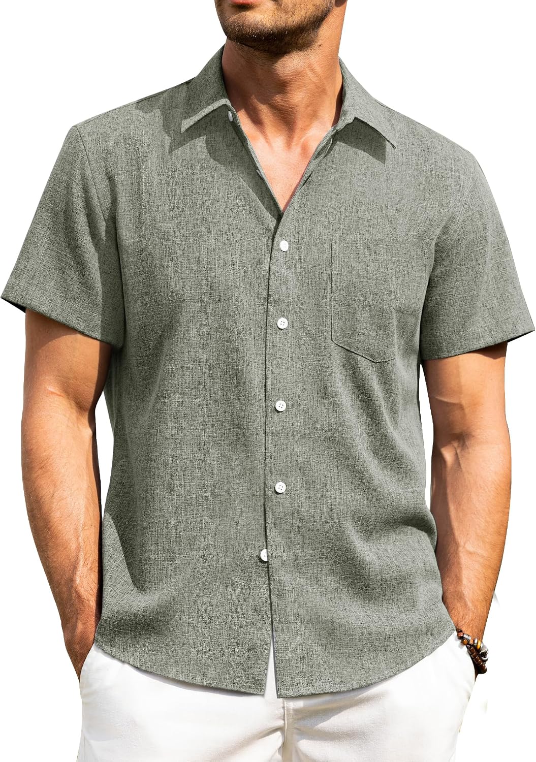 Alimens & Gentle Mens Linen Shirts Short Sleeve Button Down Shirts Wrinkle Free Casual Vacation Beach Summer Tops Grey Green