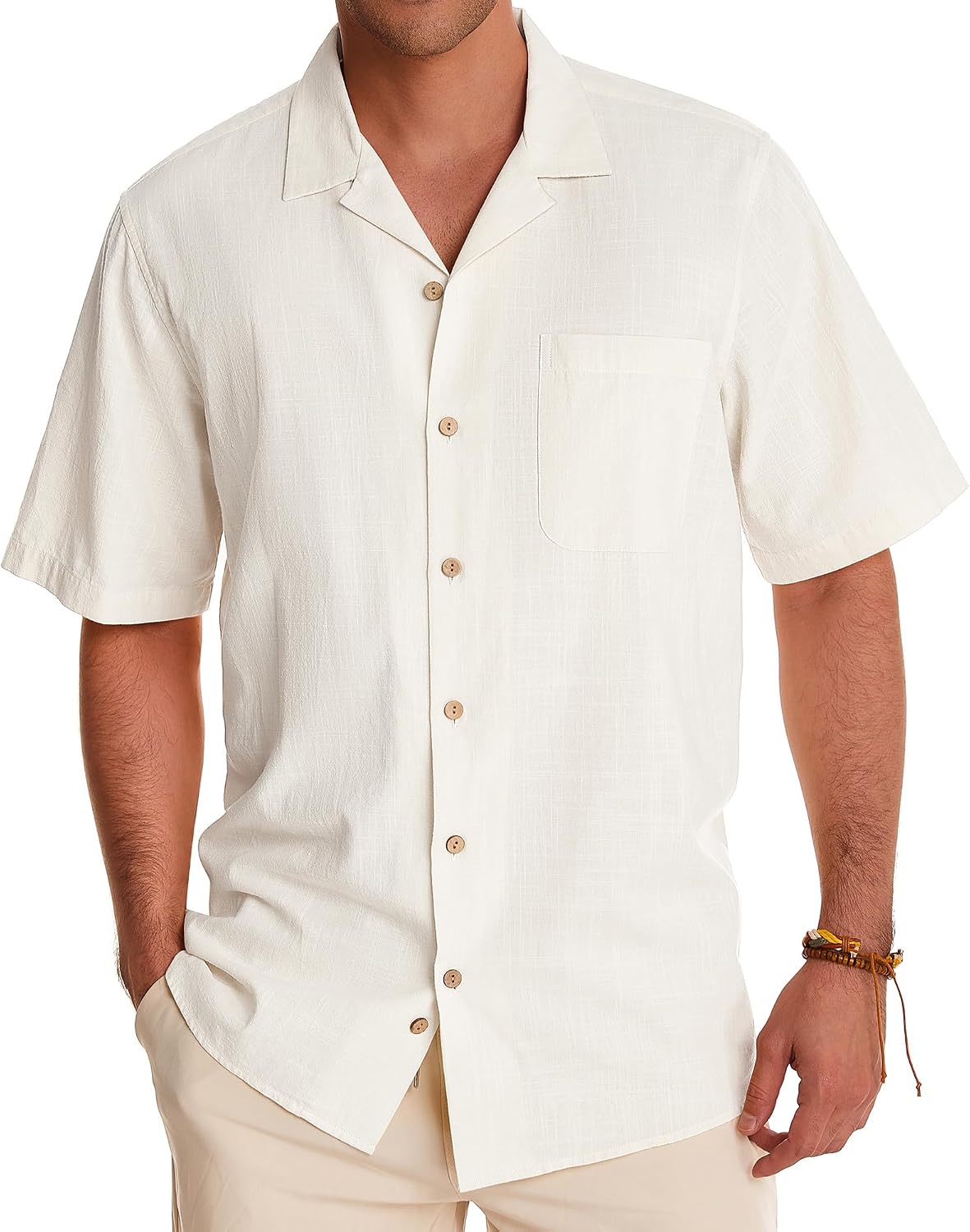 Alimens & Gentle Mens Linen Shirts Cotton Hawaiian Shirts Short Sleeve Button Down Shirts Casual Summer Beach Tops A-creamy White